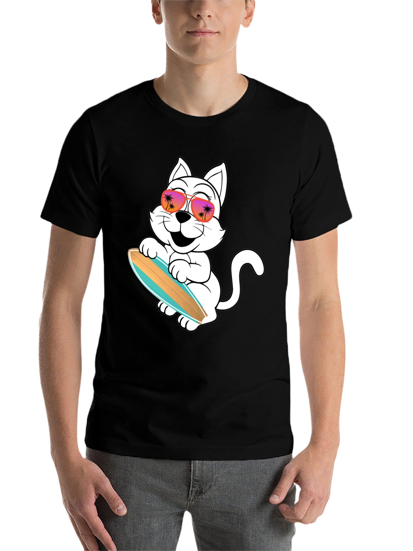 Black Cool Cat Surfing T-Shirt view 7