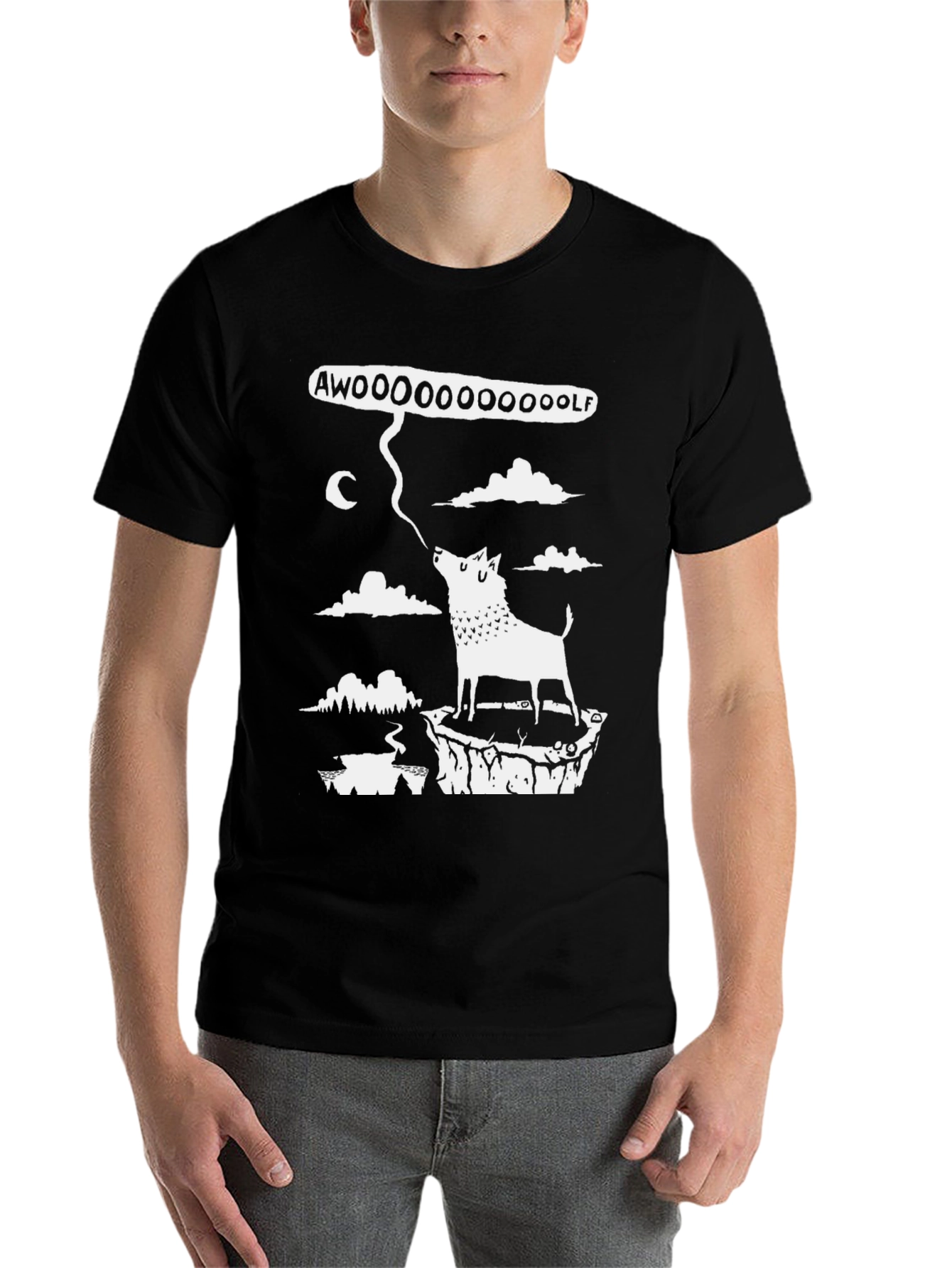 Black AWOOOOO WOLF Graphic Tee - Black Cotton T-Shirt view 7