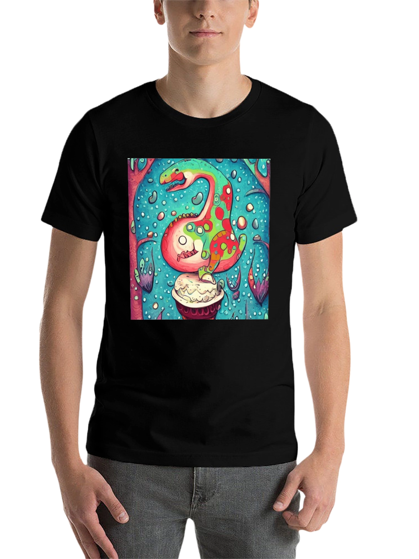 Black Dinosaur Cupcake Graphic T-Shirt - Unique Art Tee view 7