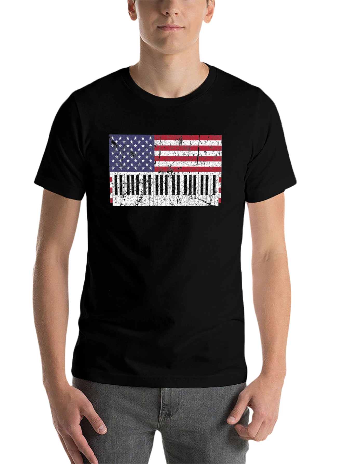 Black American Flag Piano T-Shirt view 7