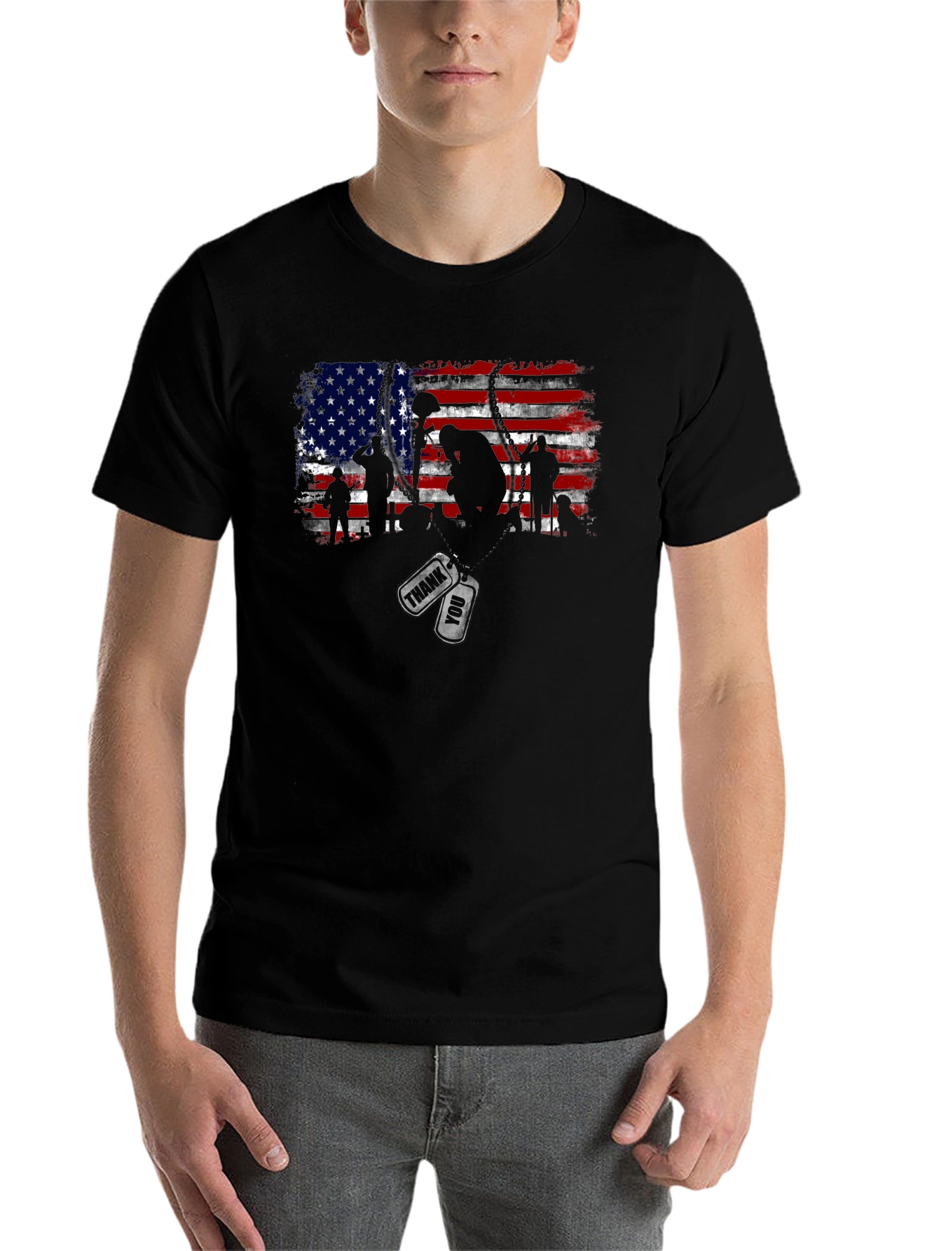 Black Patriotic US Flag Veteran Thank You T-Shirt view 7