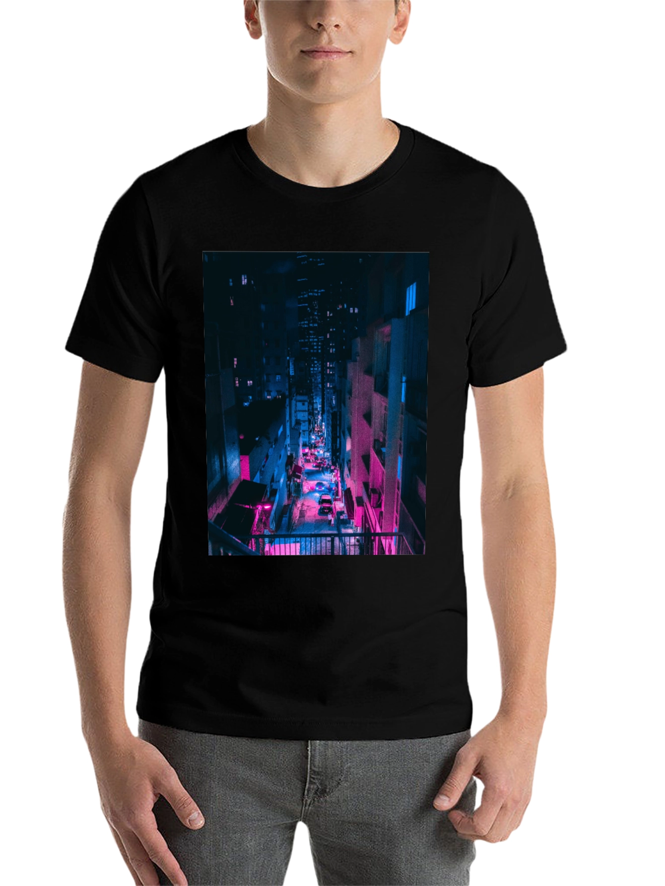 Black Cyberpunk Cityscape Black T-Shirt view 7