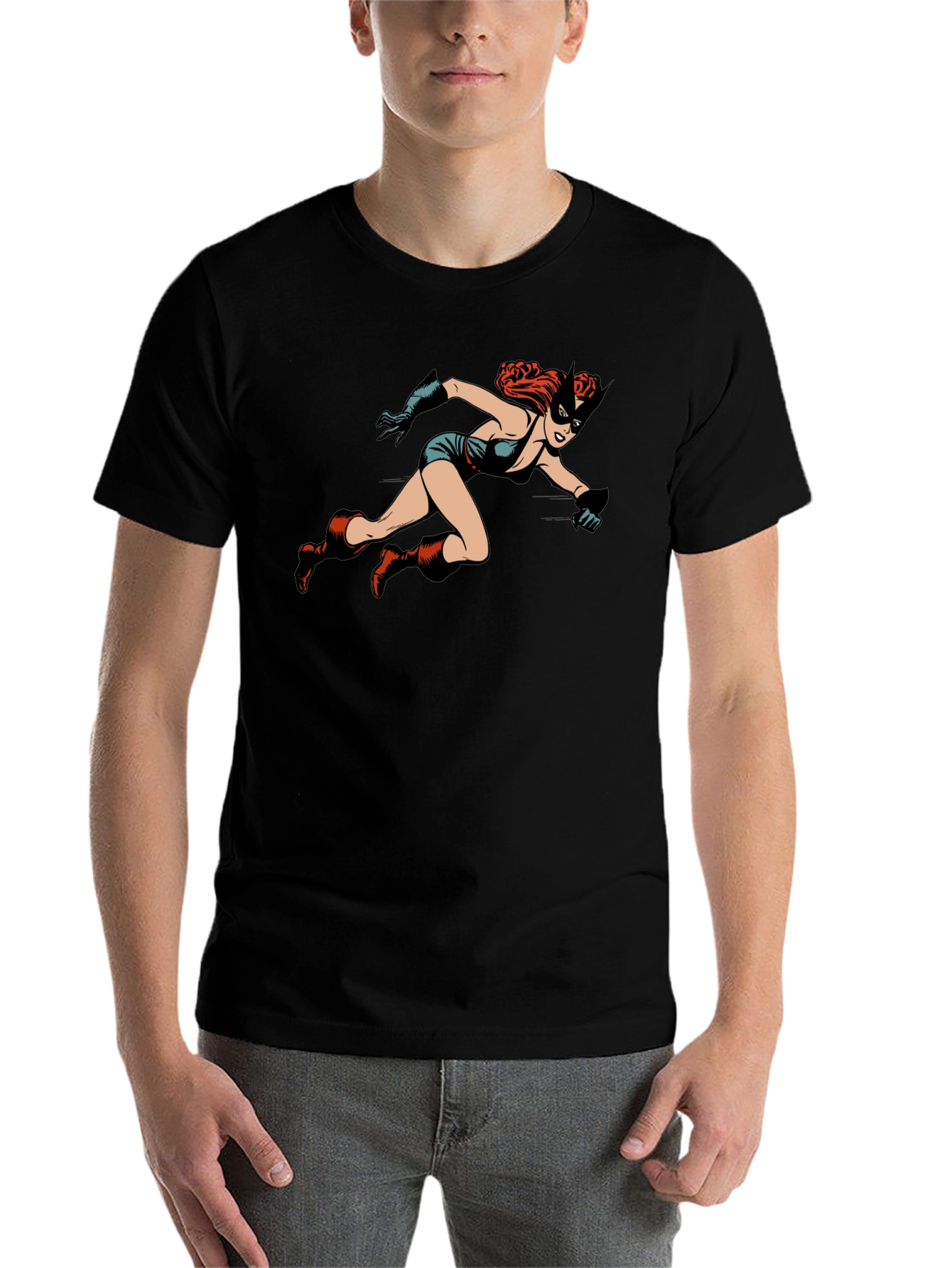 Black Retro Comic Book Heroine Black T-Shirt view 7