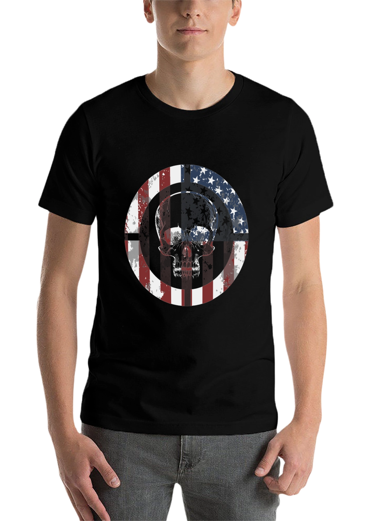 Black American Flag Skull Graphic Tee view 7