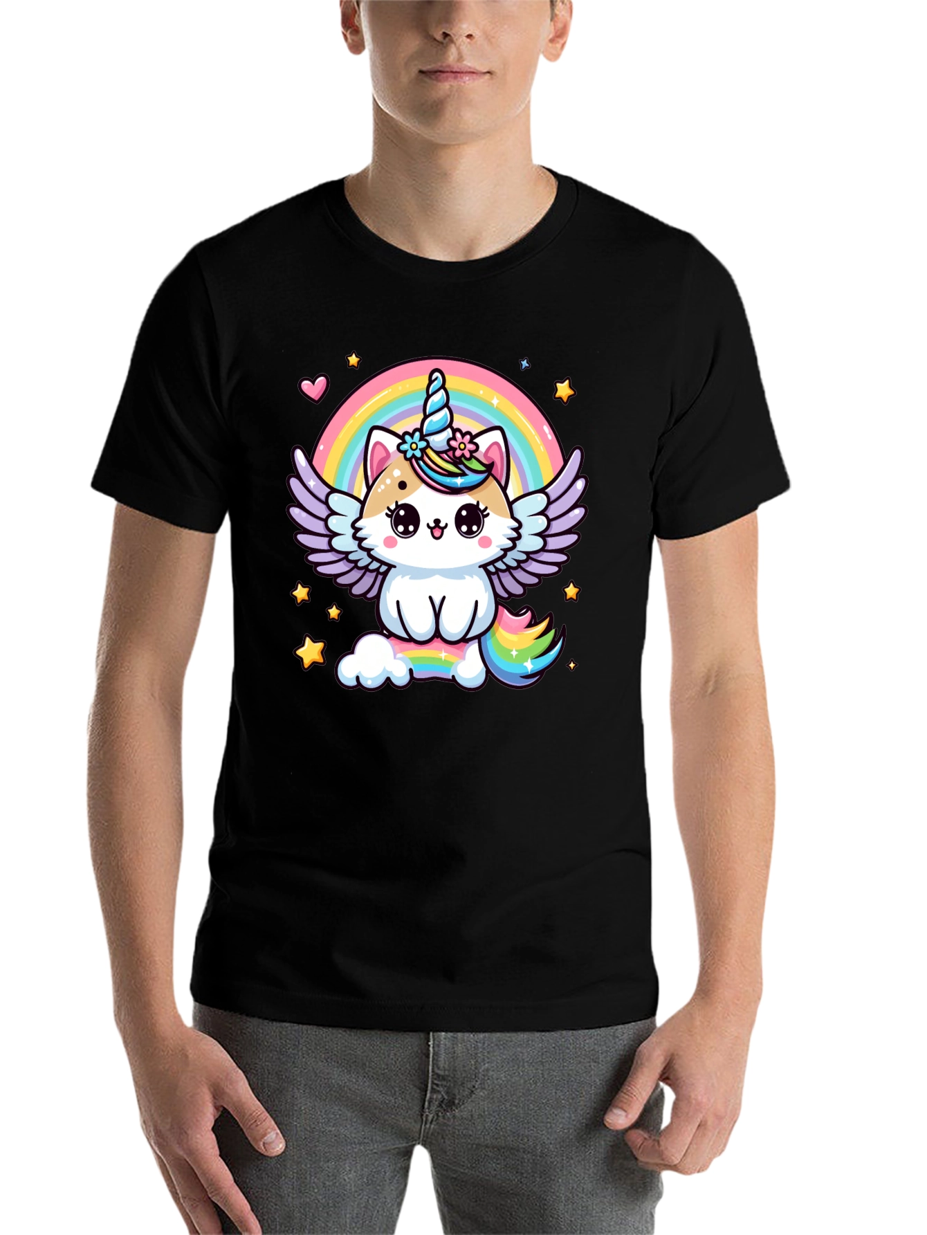 Black Unicorn Cat Rainbow T-Shirt view 7