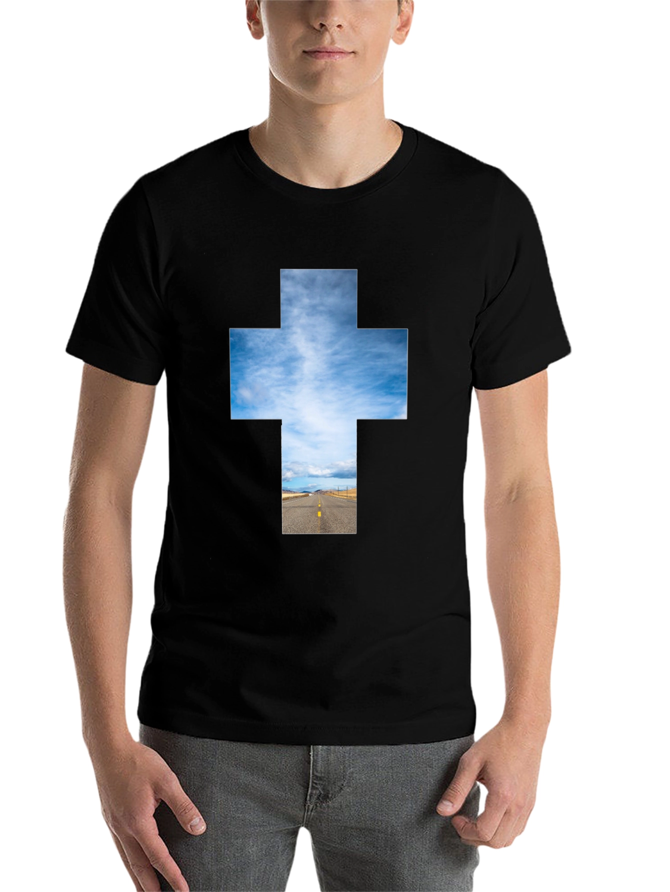 Black Sky Road Cross Graphic Tee - Unisex Black T-Shirt view 7