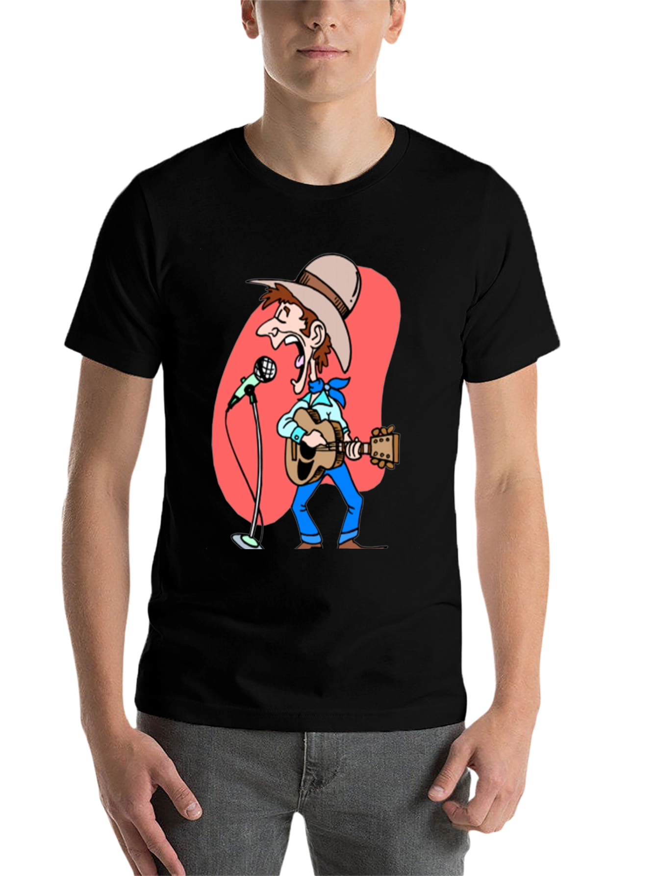 Black Cartoon Cowboy T-Shirt - Guitar & Microphone Graphic view 7