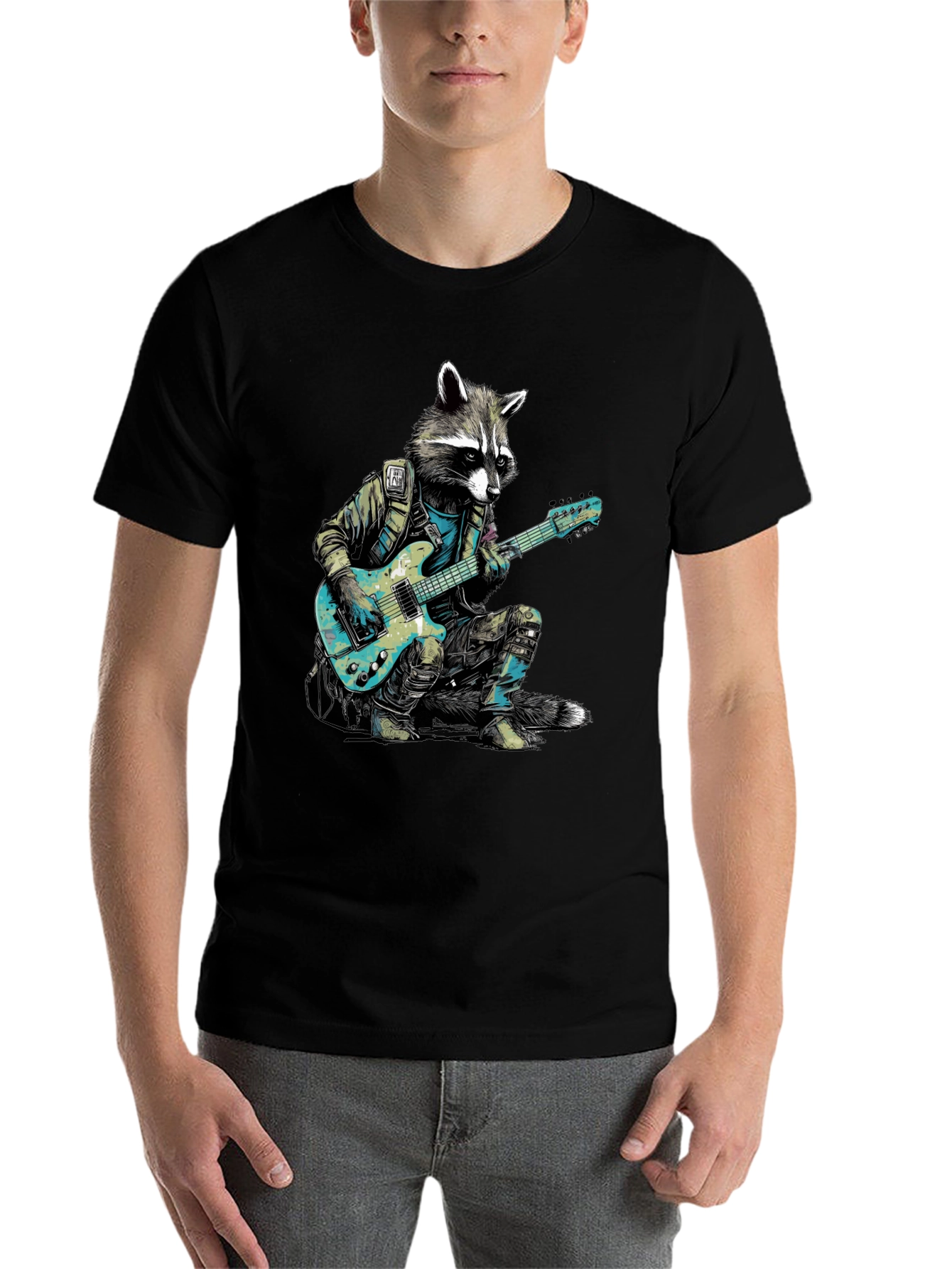 Black Raccoon Rocker Graphic Tee - Cool Animal Guitar T-Shirt view 7