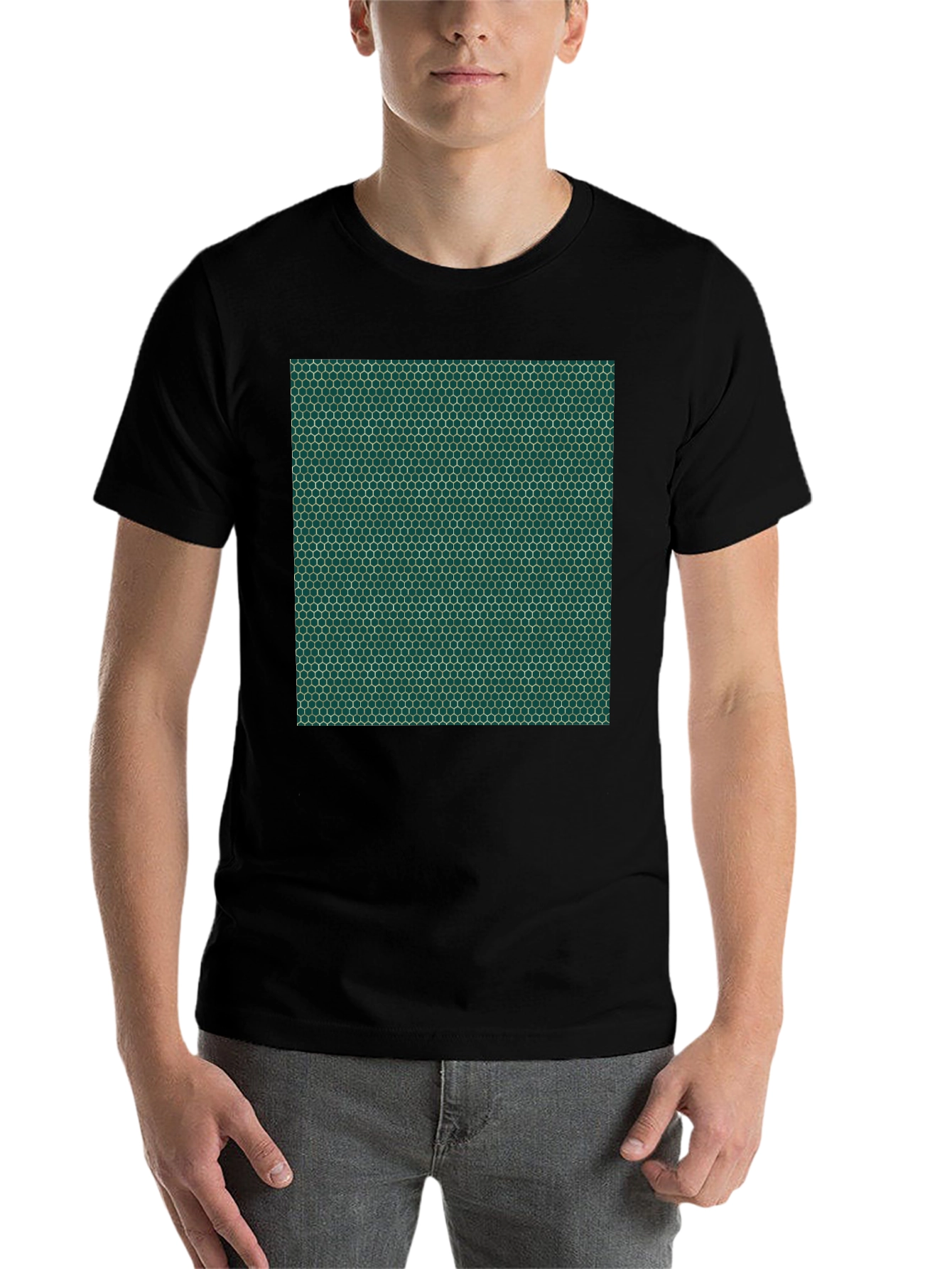 Black Geometric Hexagon Pattern Black T-Shirt view 7