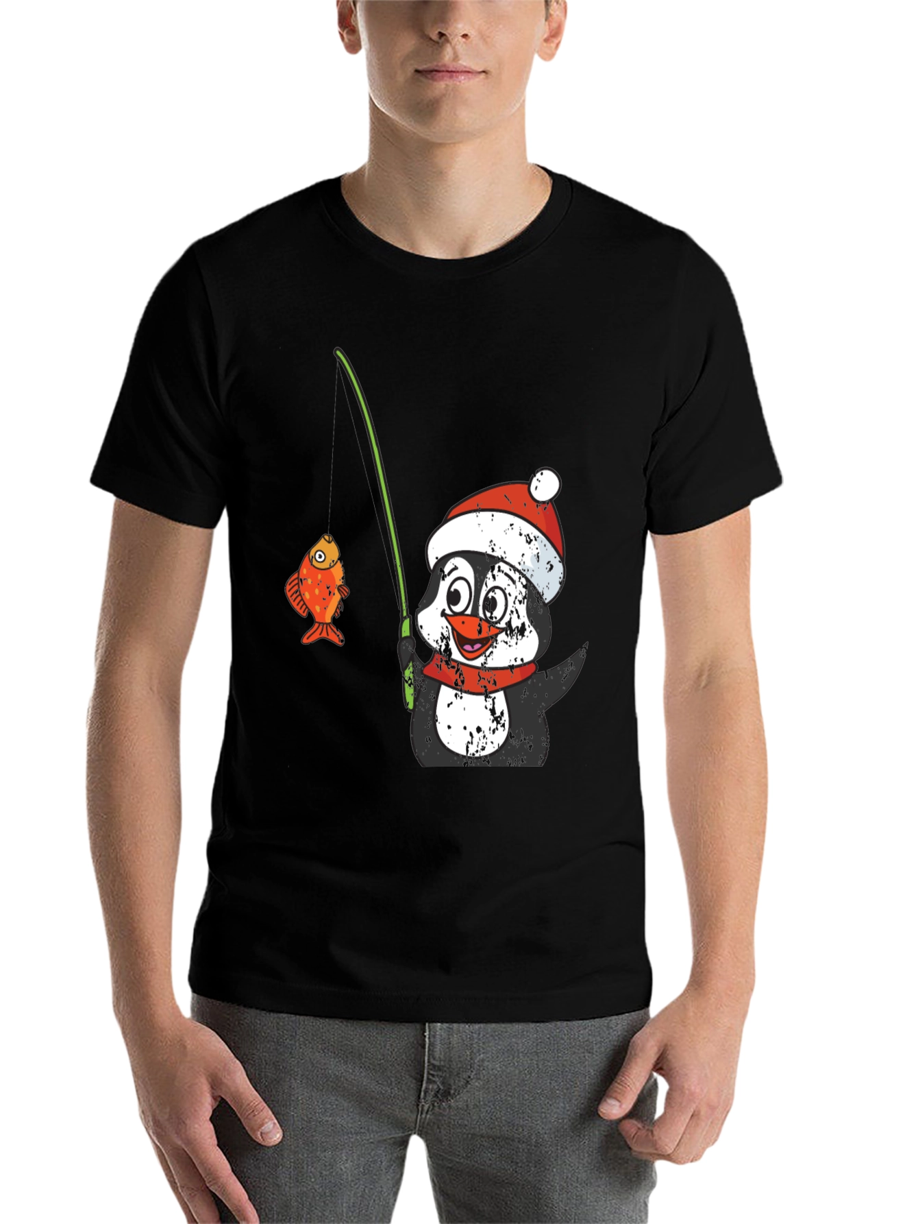 Black Penguin Fishing T-Shirt - Festive Holiday Wear view 7