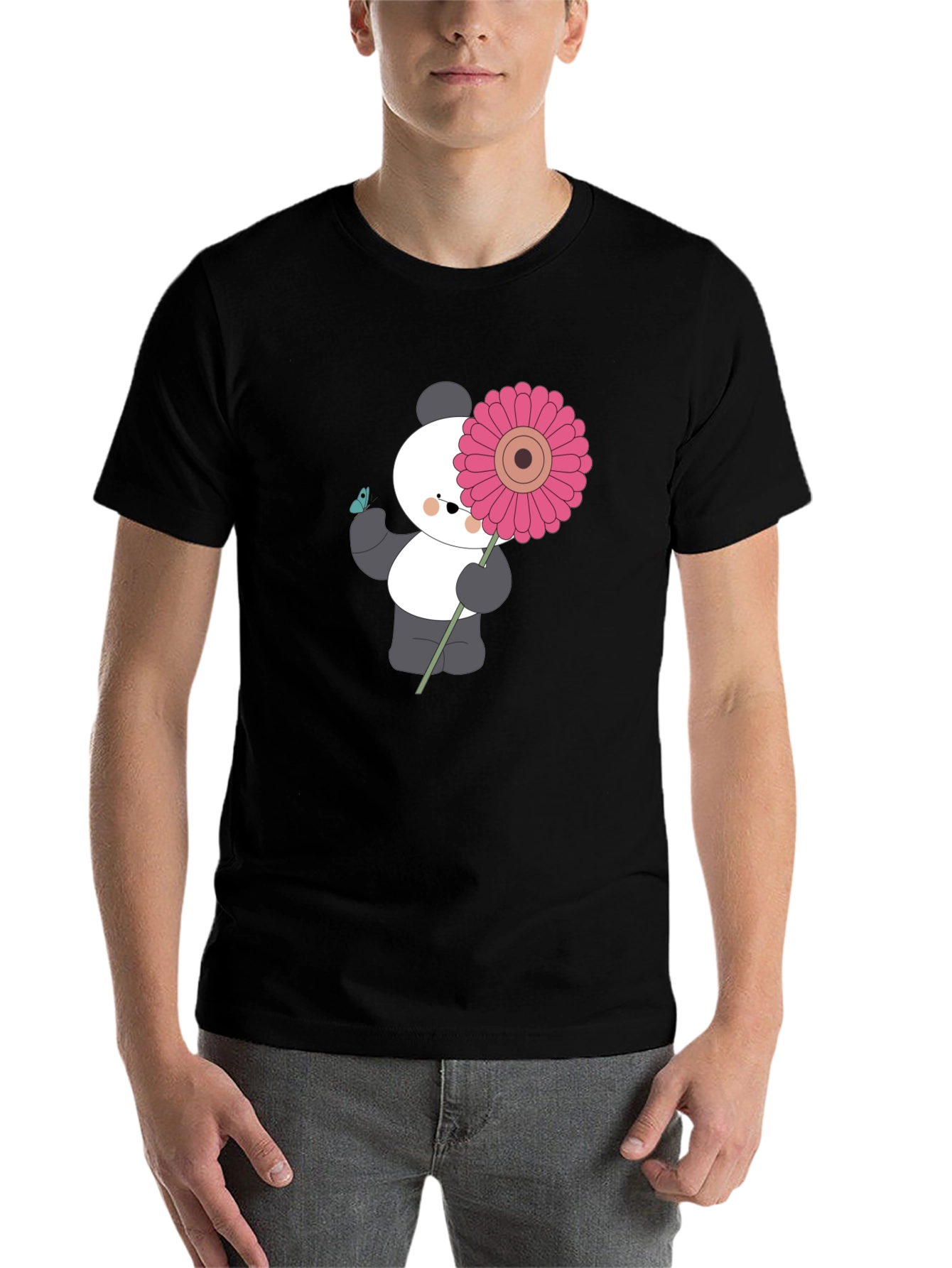 Black Panda with Flower Graphic Black T-Shirt view 7