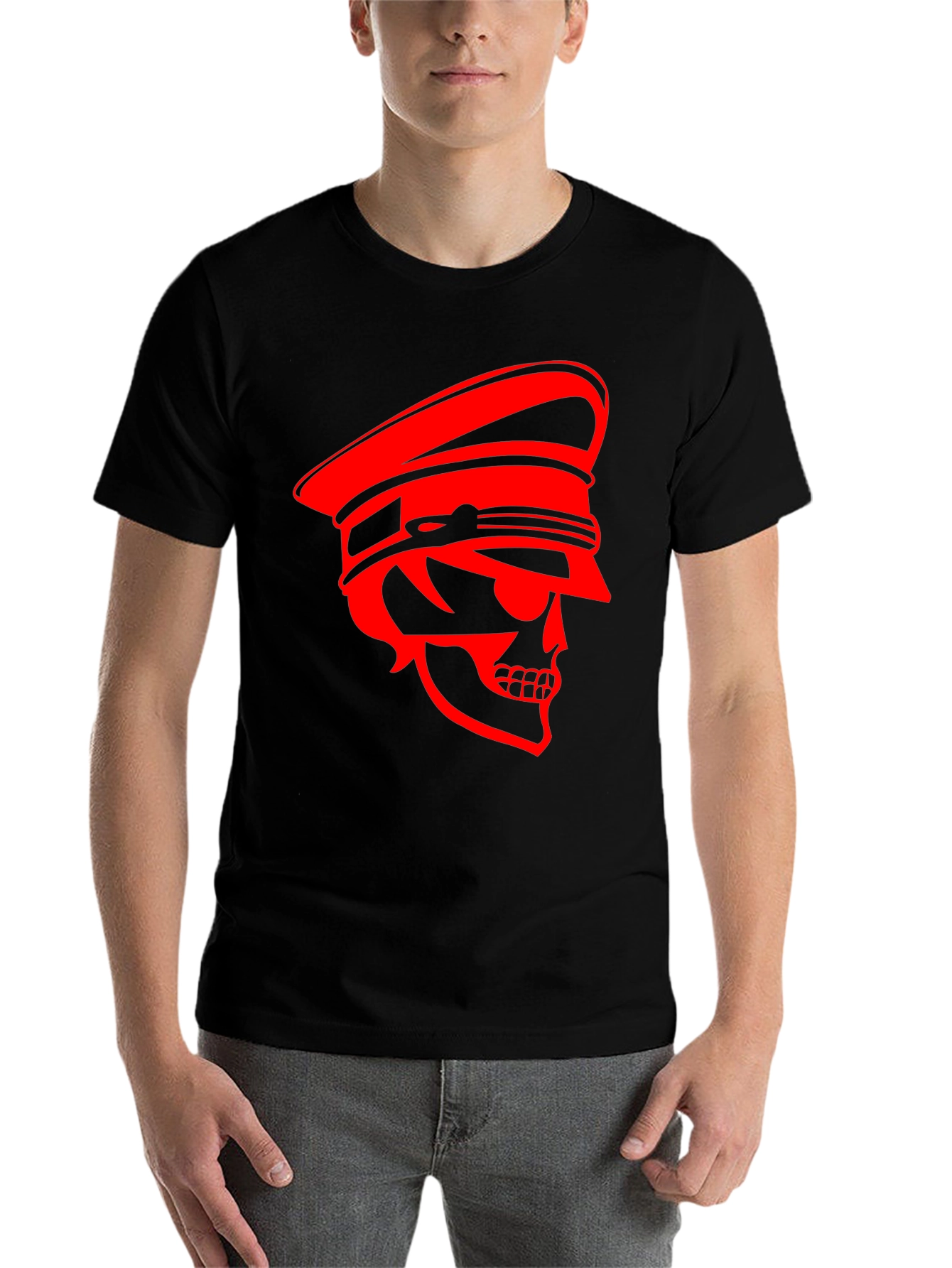 Black Skull Captain Graphic Tee - Bold Red Design on Black Cotton view 7