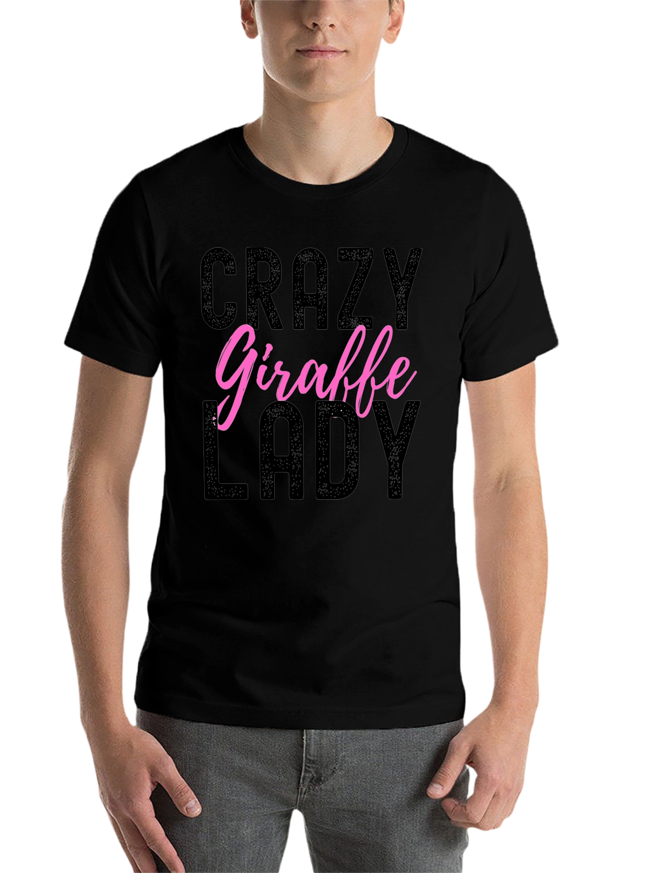Black Crazy Giraffe Lady Graphic T-Shirt - Novelty Animal Lover Tee view 7