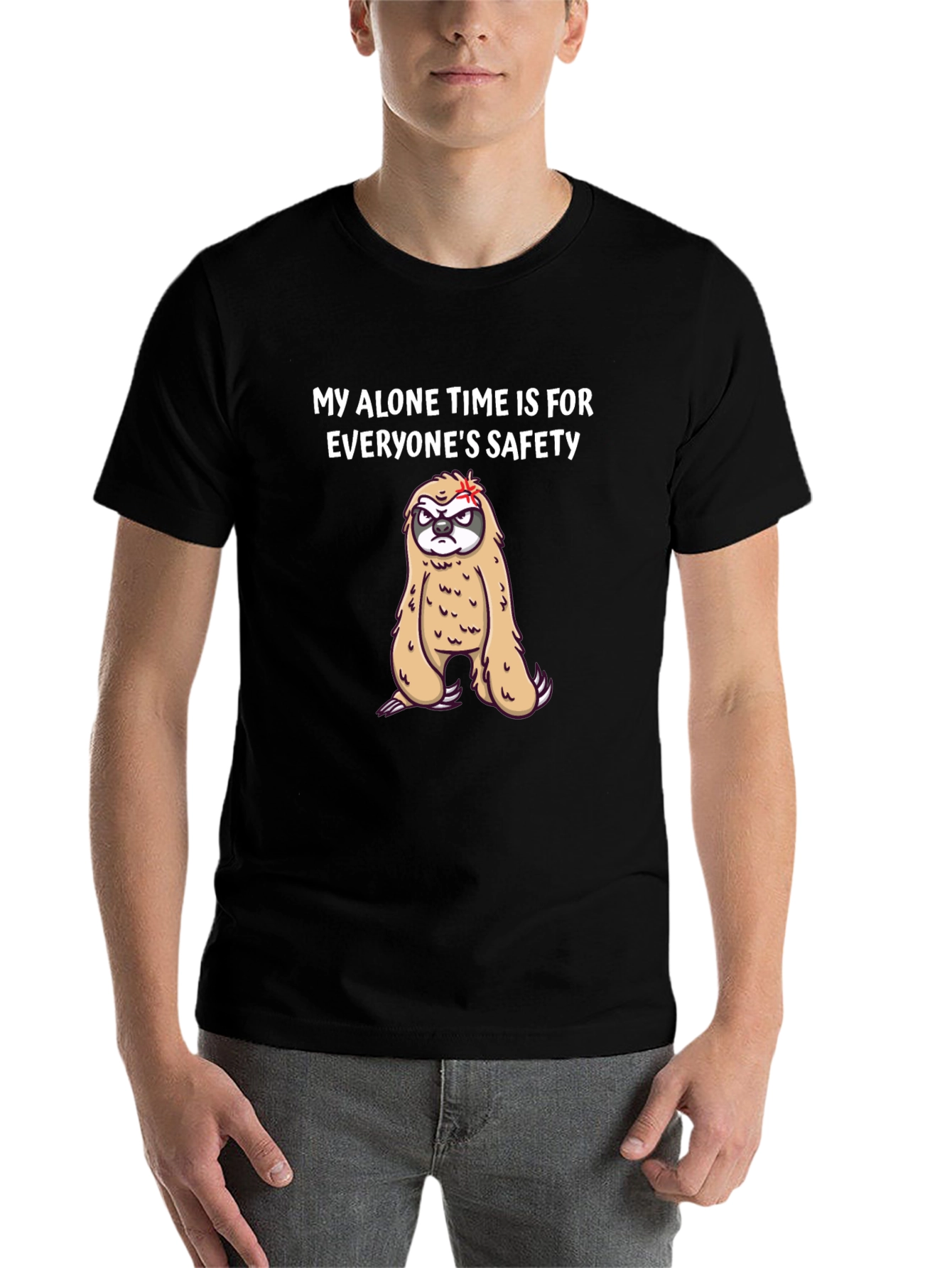 Black Funny Sloth Graphic Tee - Alone Time Safety view 7