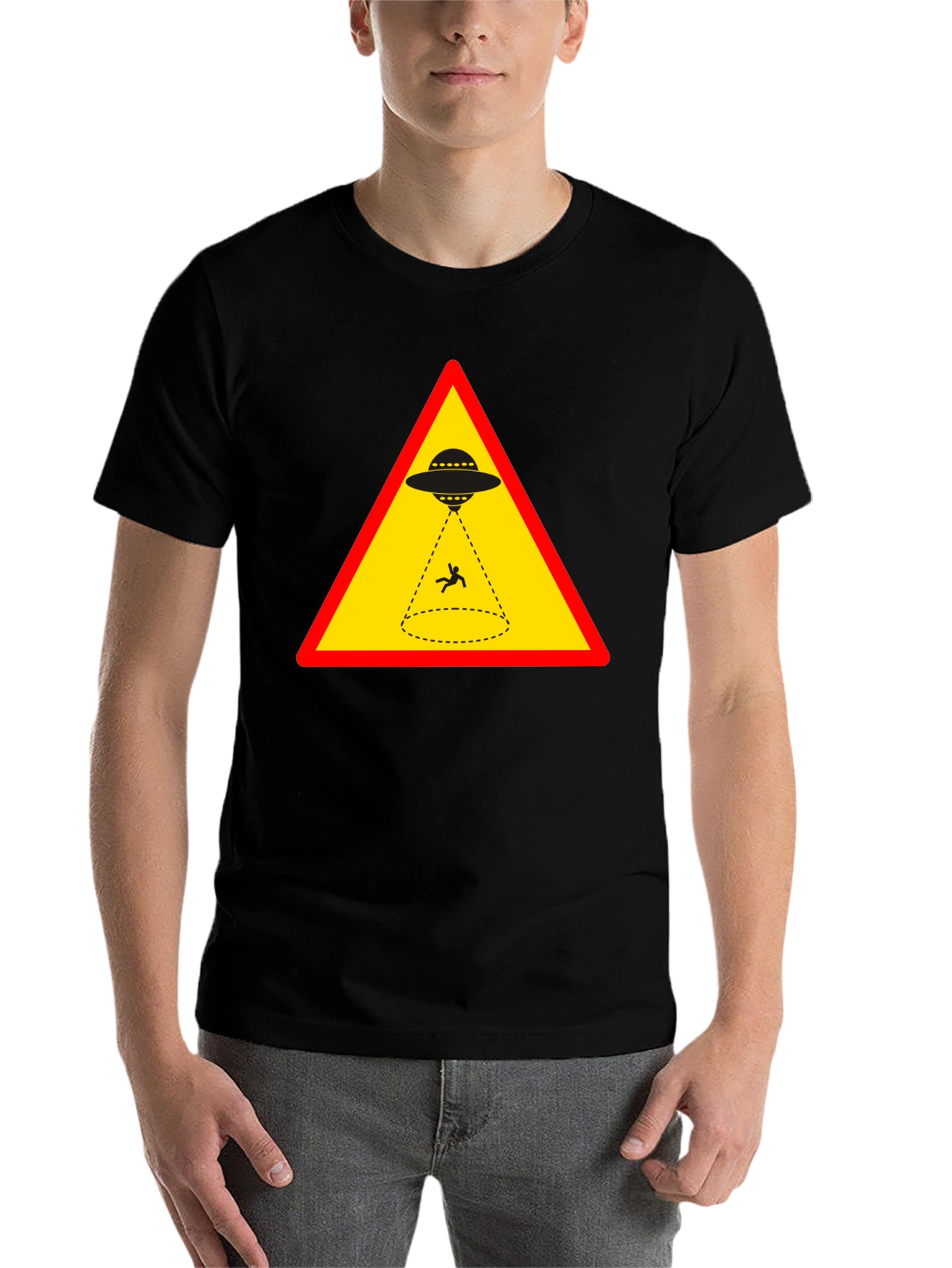 Black Alien Abduction T-Shirt - Warning Sign Graphic view 7