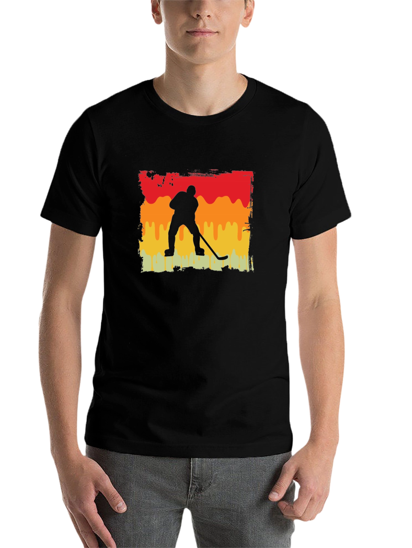 Black Retro Hockey Player Graphic Tee - Black Cotton T-Shirt view 7