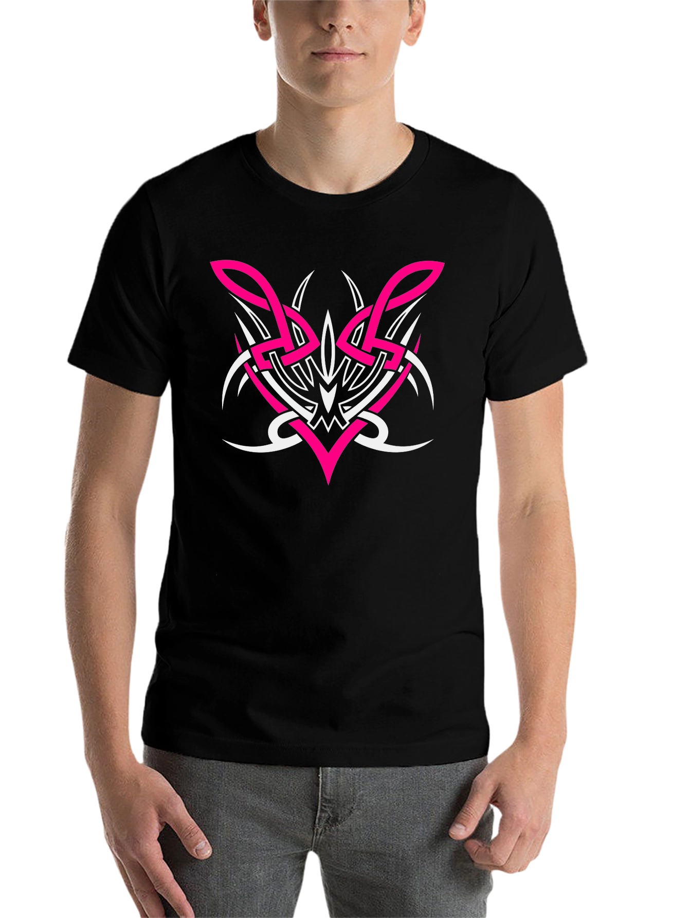 Black Men's Black Tee with Pink and White Tribal Graphic view 7