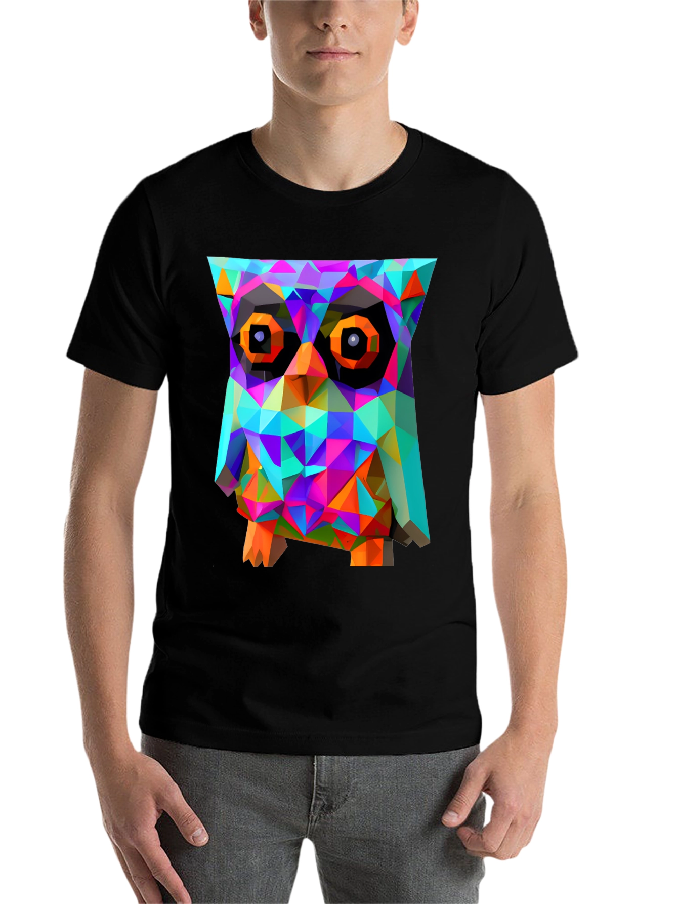 Black Geometric Owl Graphic Print T-Shirt - Black view 7
