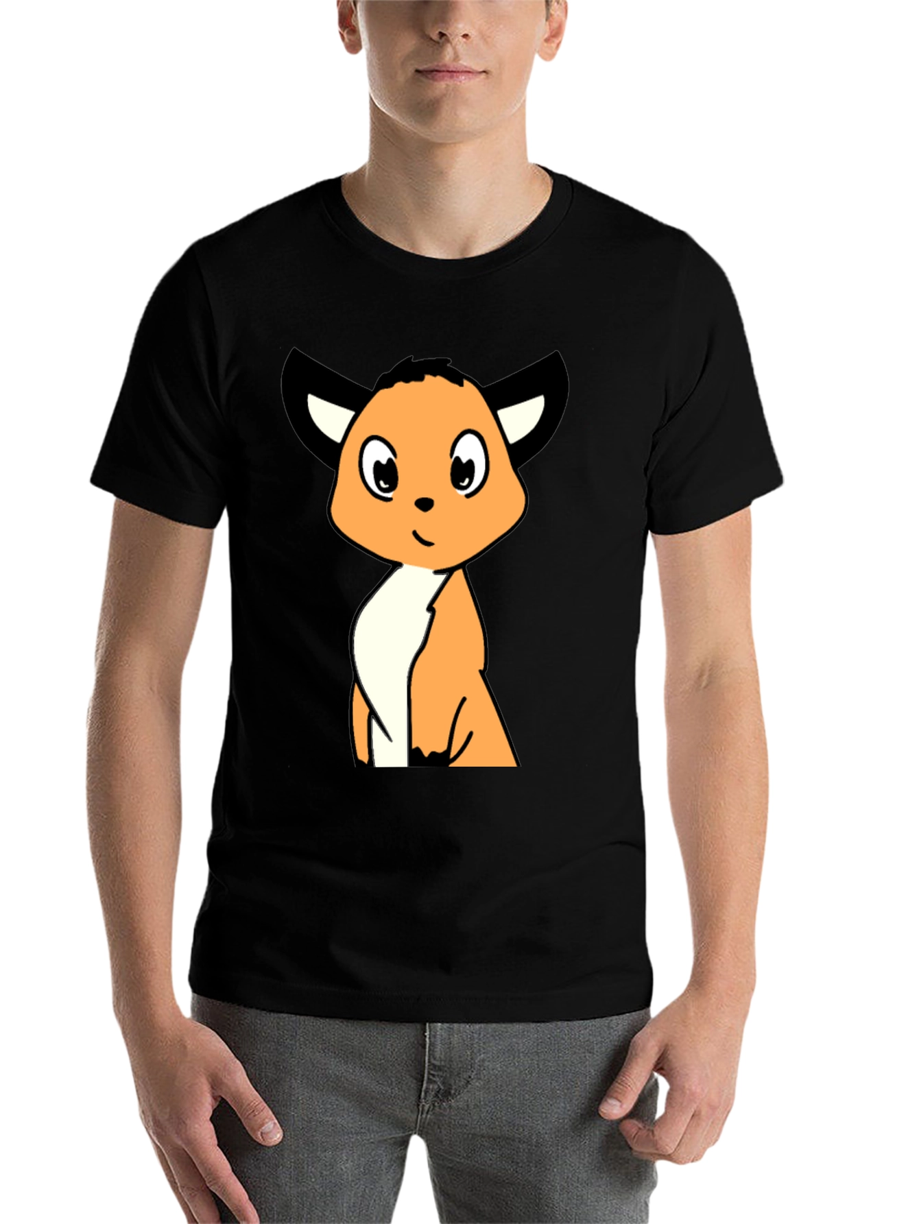 Black Cartoon Fox Graphic Tee - Black Casual T-Shirt view 7