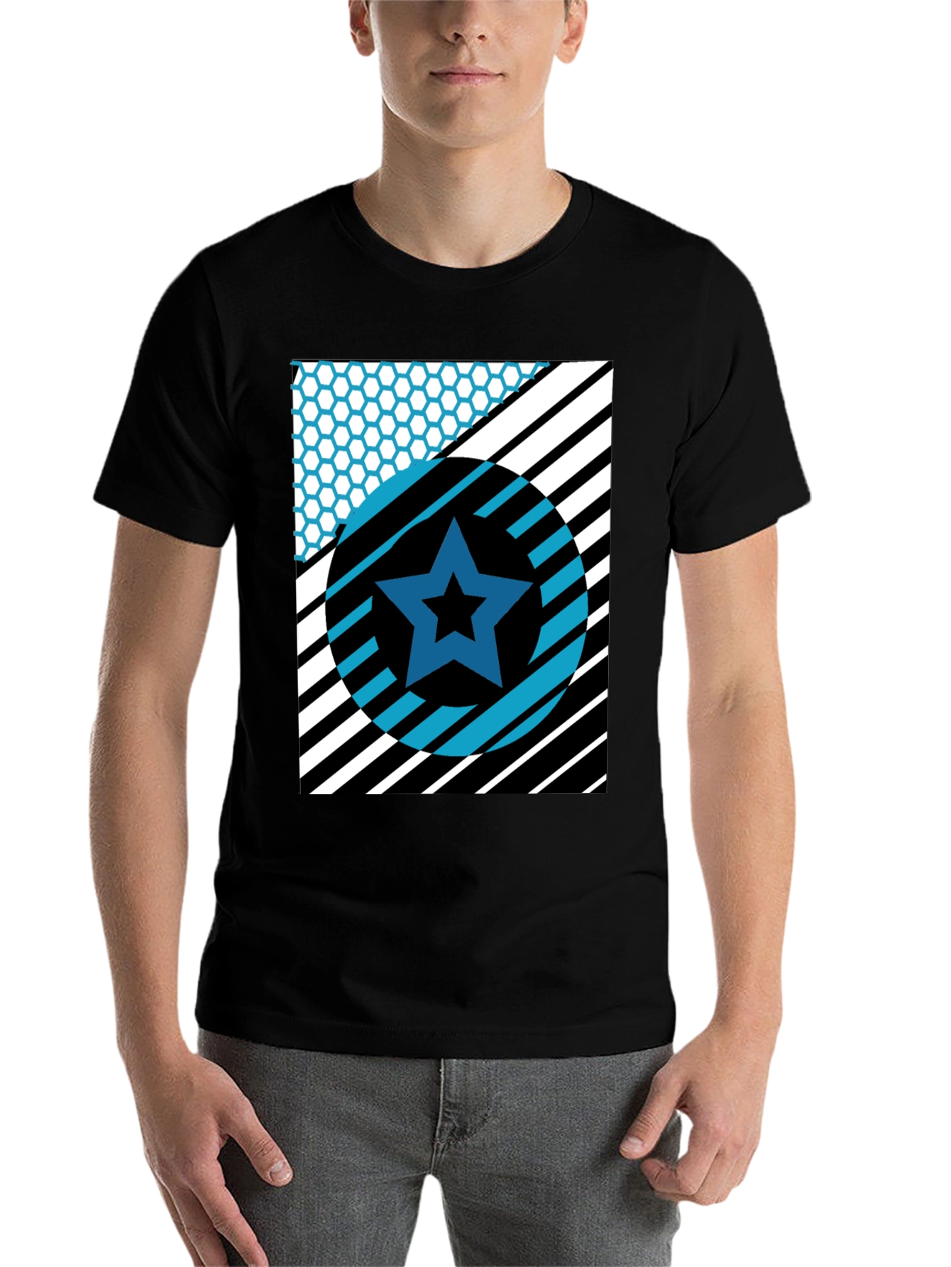 Black Geometric Star Graphic Tee - Black Cotton T-Shirt view 7