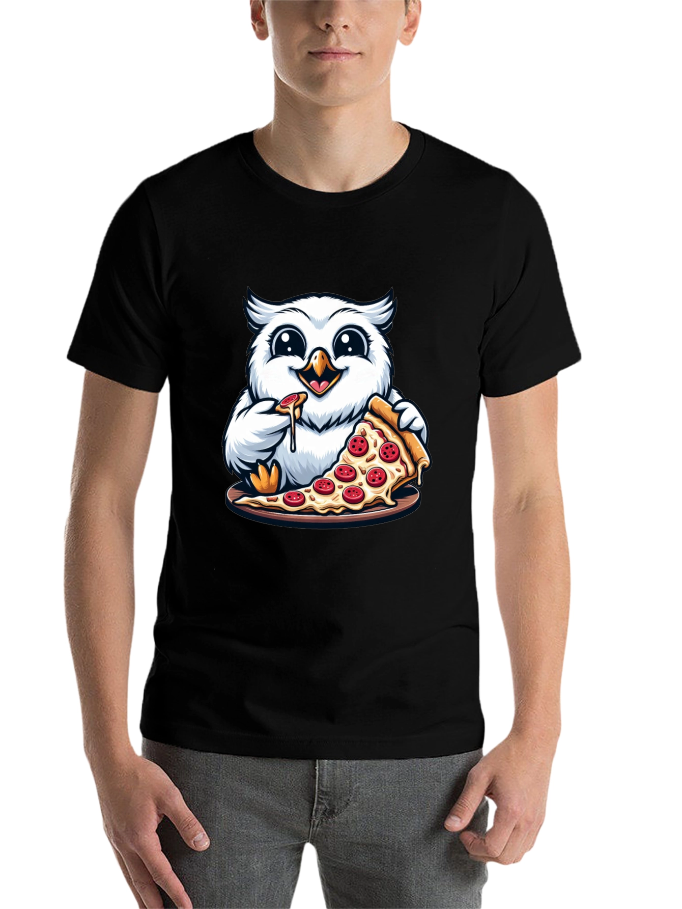 Black Owl Pizza Lover T-Shirt - Cute Cartoon Graphic Tee view 7