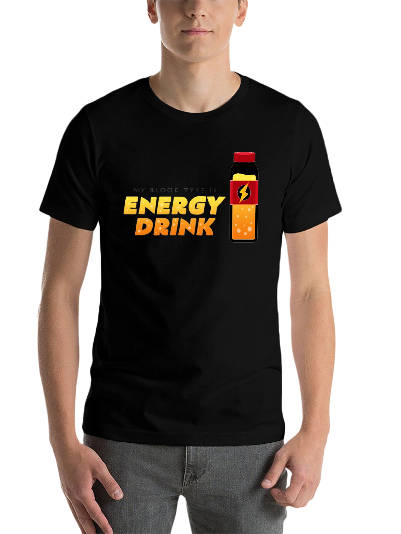 Black Energy Drink Blood Type T-Shirt - Black Crew Neck Tee view 7