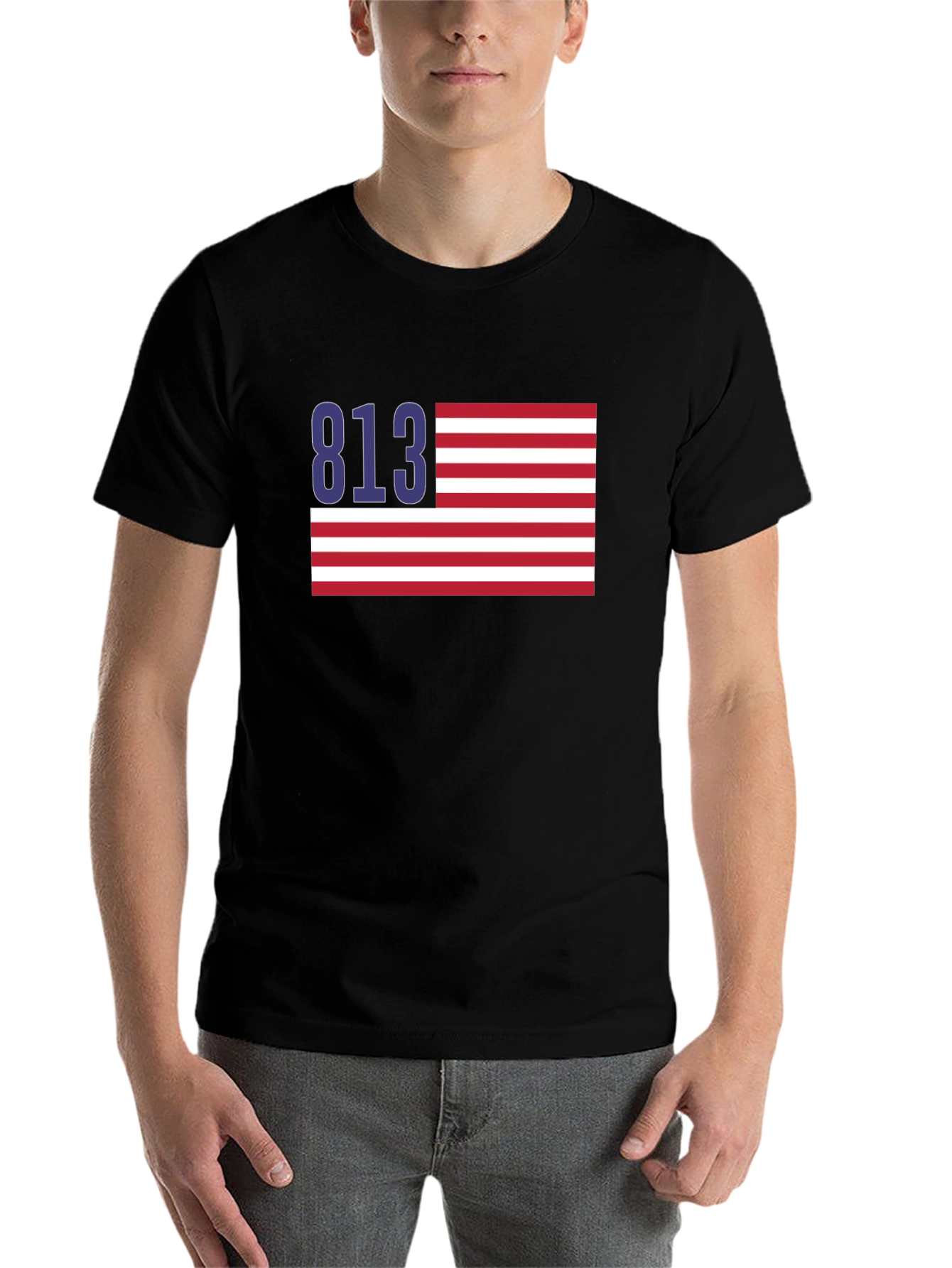 Black 813 Tampa Area Code American Flag T-Shirt view 7