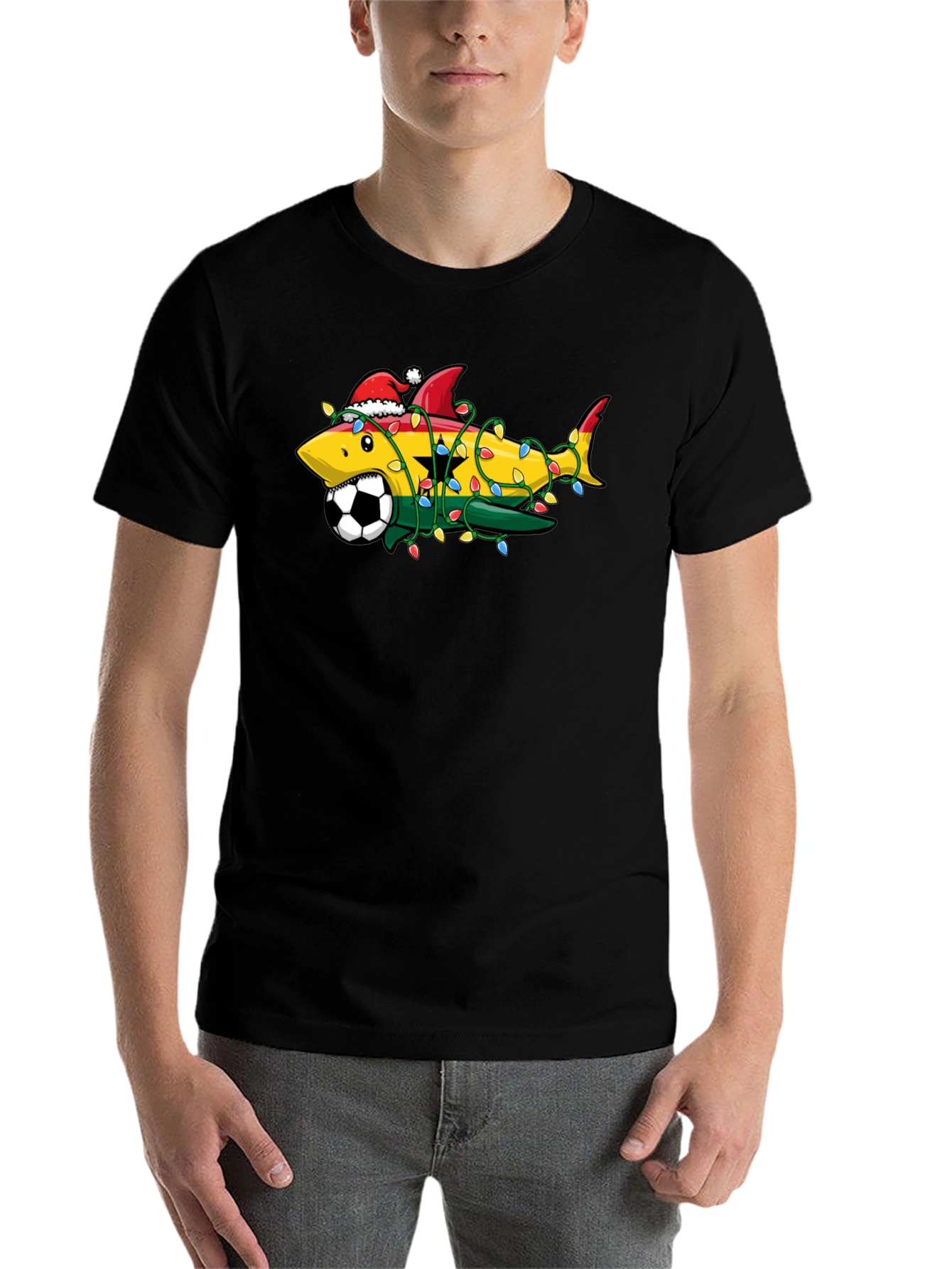 Black Ghana Shark Soccer Christmas T-Shirt view 7