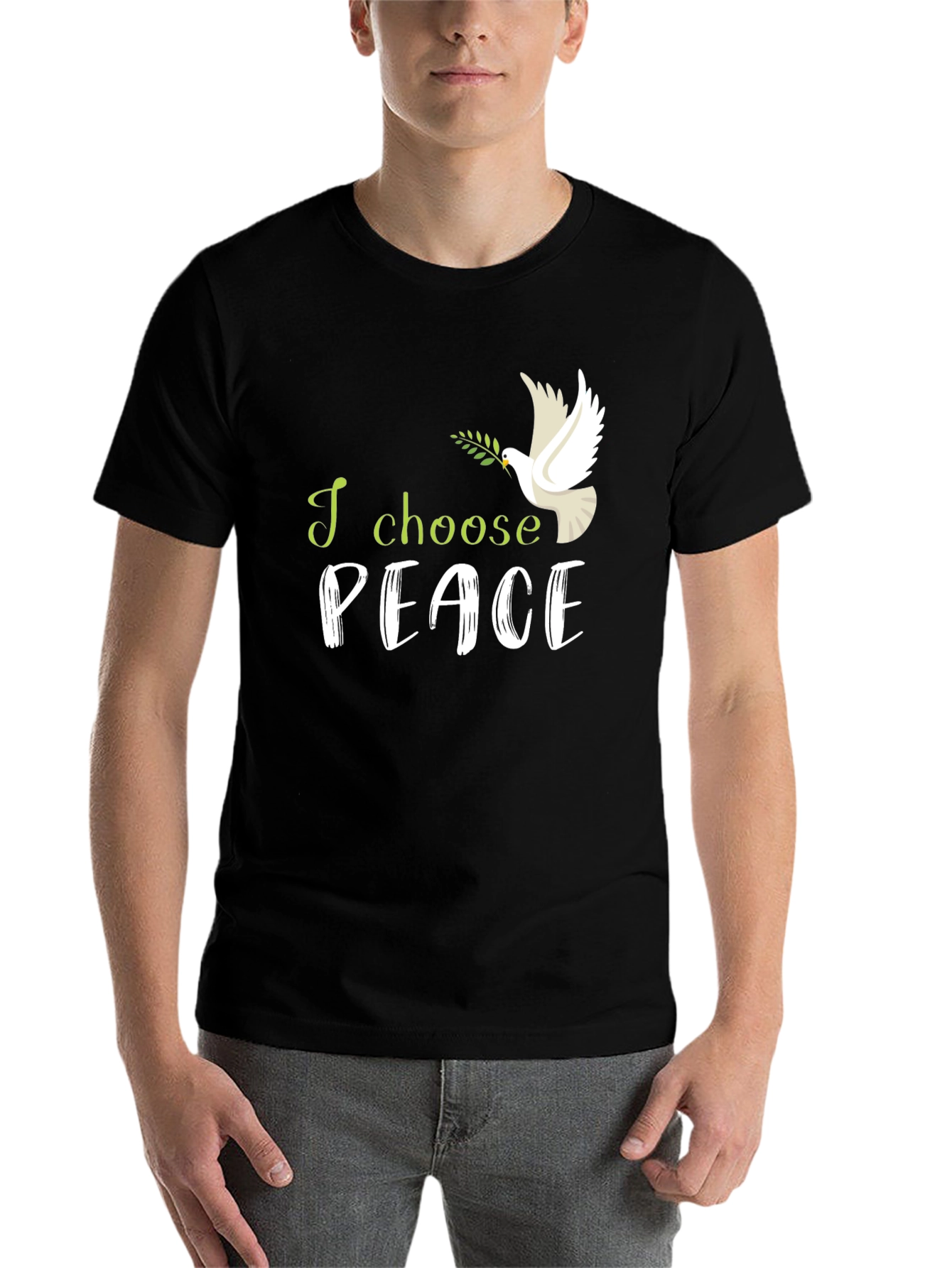 Black I Choose Peace T-Shirt: Dove with Olive Branch view 7