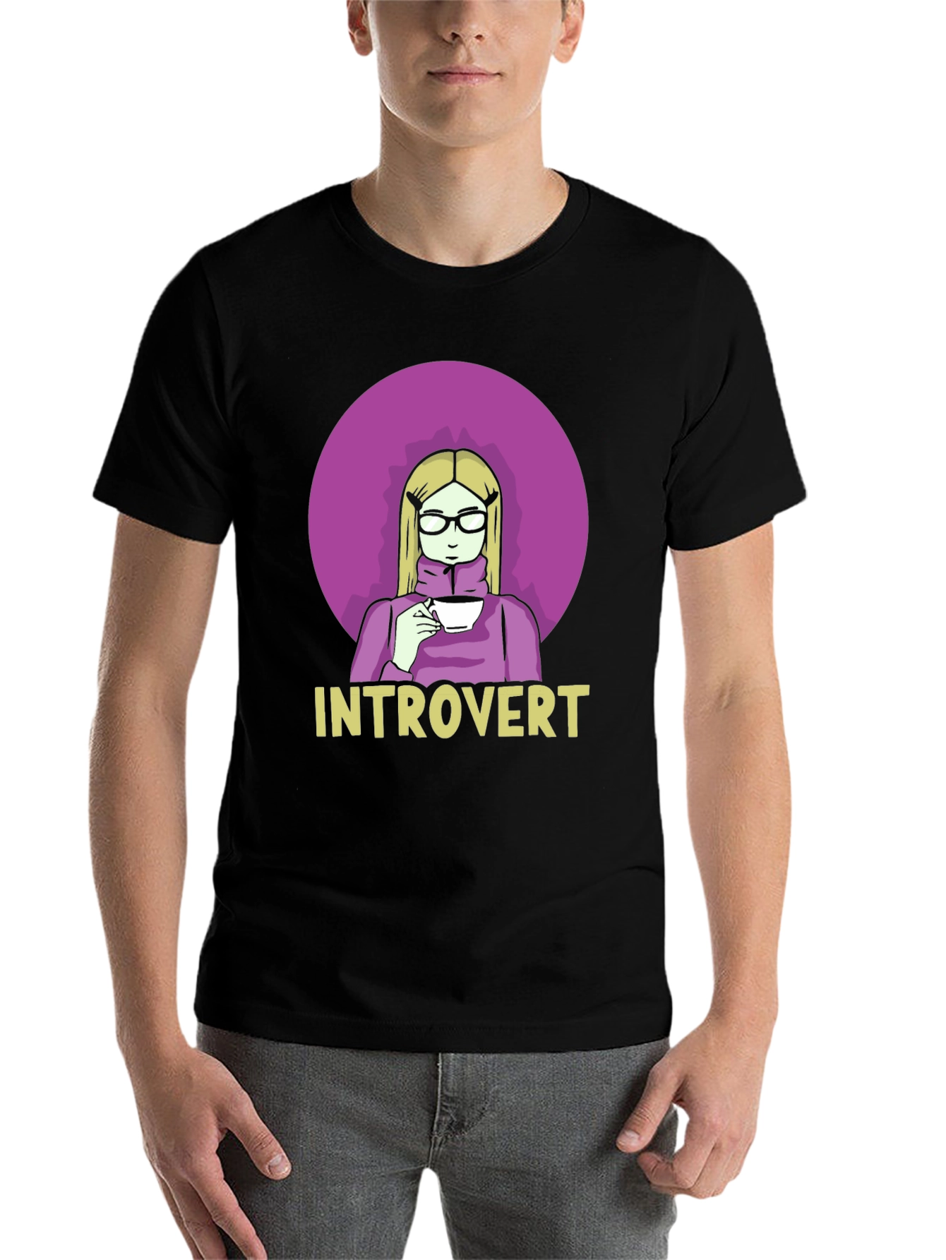 Black Introvert Tee: Cozy Cartoon Graphic T-Shirt view 7
