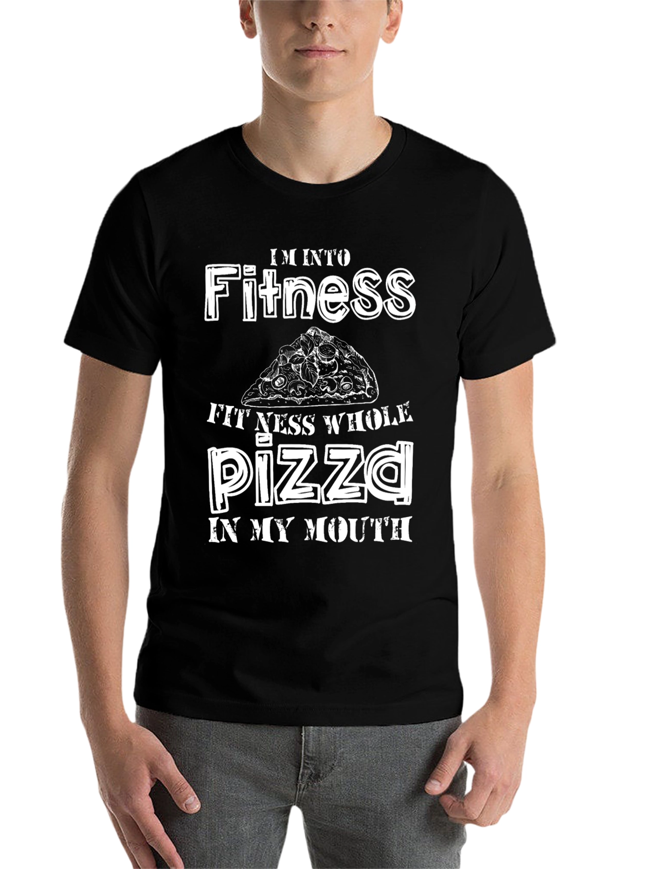 Black Fitness Whole Pizza Funny T-Shirt view 7