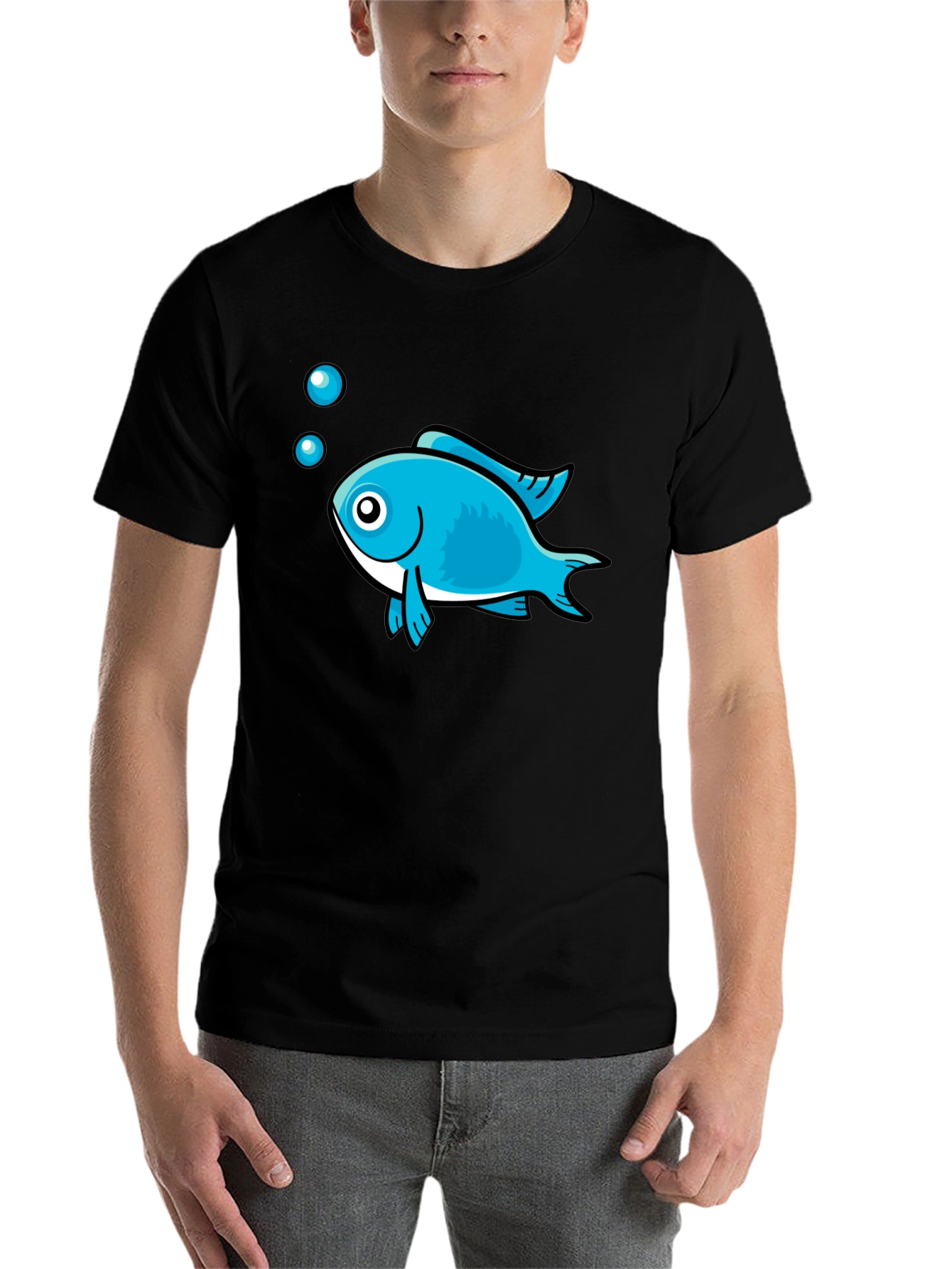 Black Blue Fish Graphic Black T-Shirt - Casual Style view 7