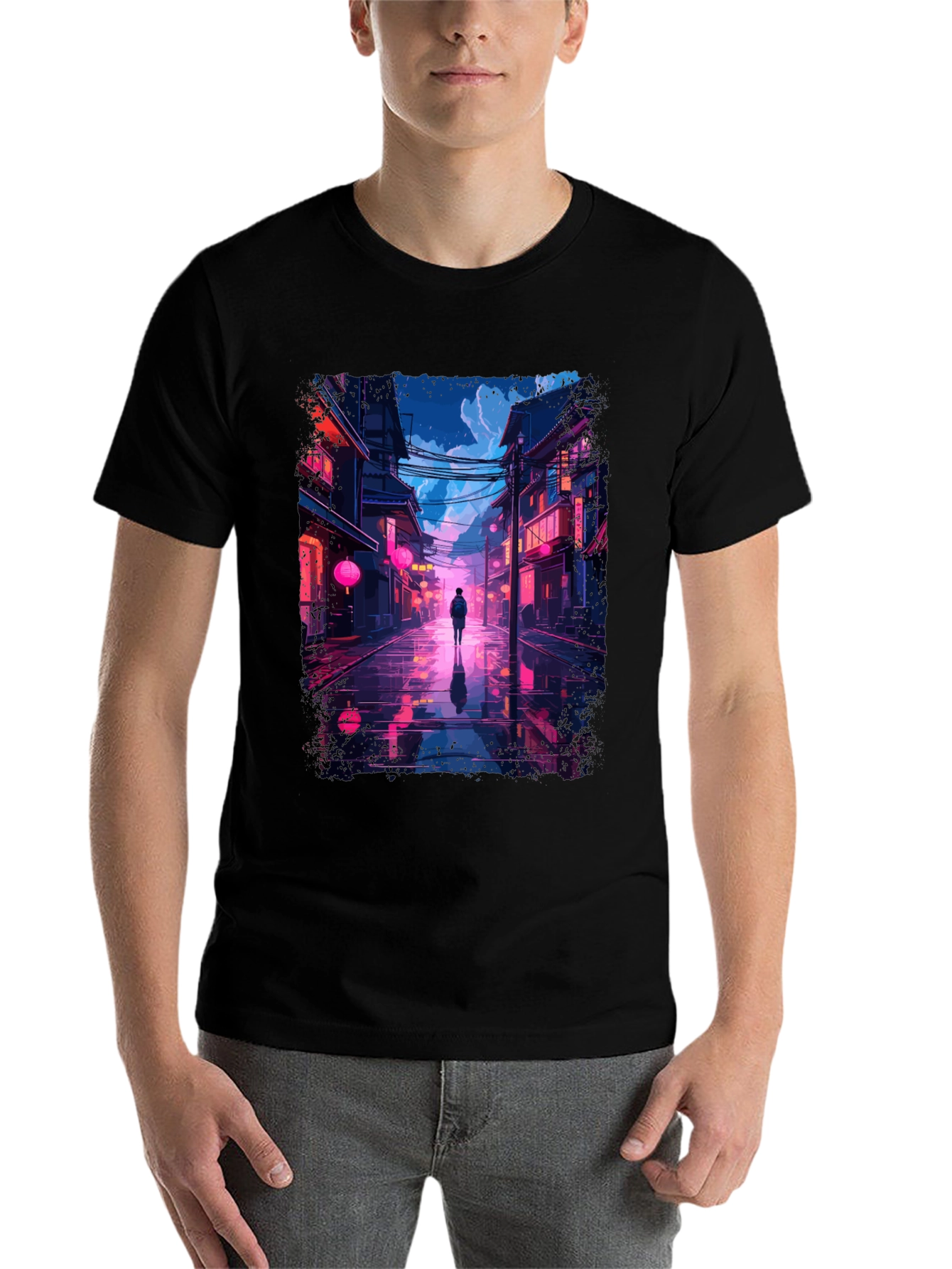 Black Neon Cityscape T-Shirt - Stylish Streetwear view 7