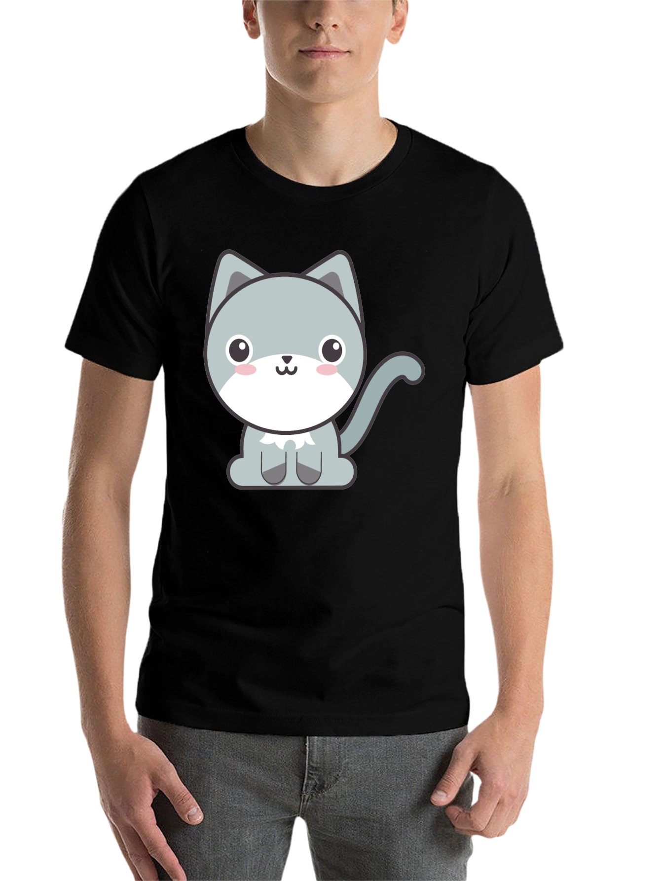 Black Cute Cartoon Cat Graphic Tee - Black T-Shirt view 7