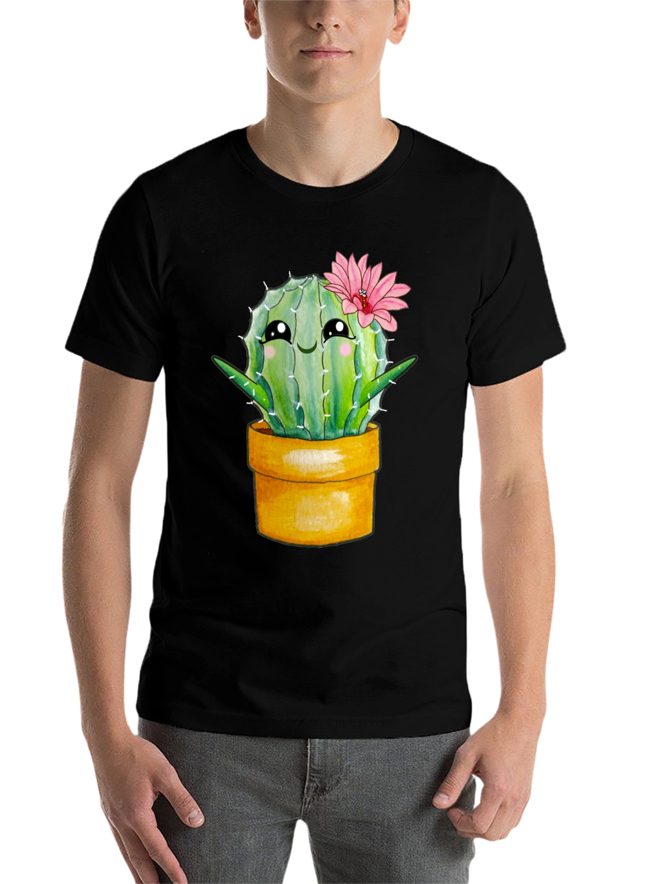 Black Cute Cactus Potted Plant Graphic Tee view 7