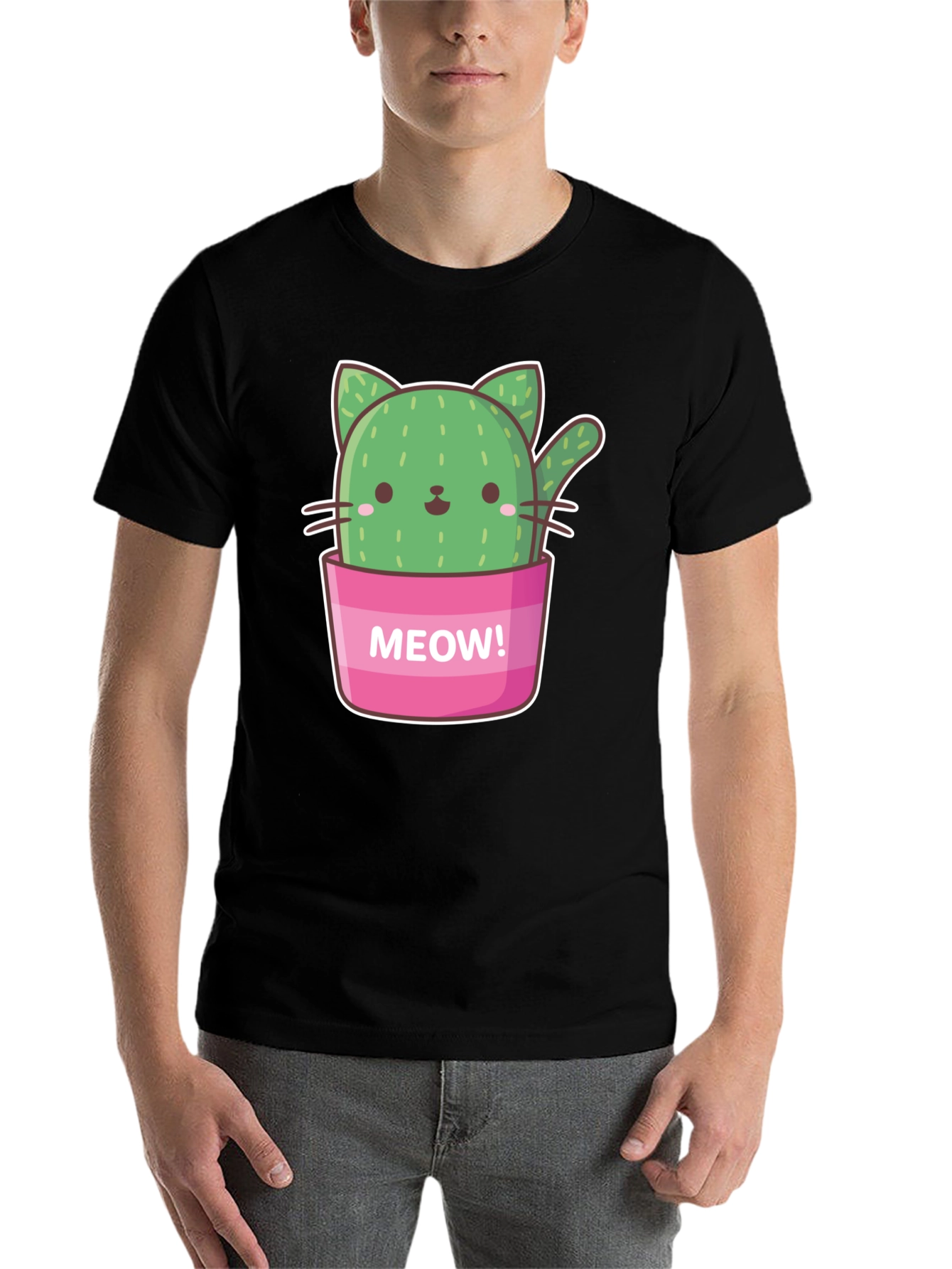 Black Cactus Cat Graphic T-Shirt - "Meow!" Design view 7