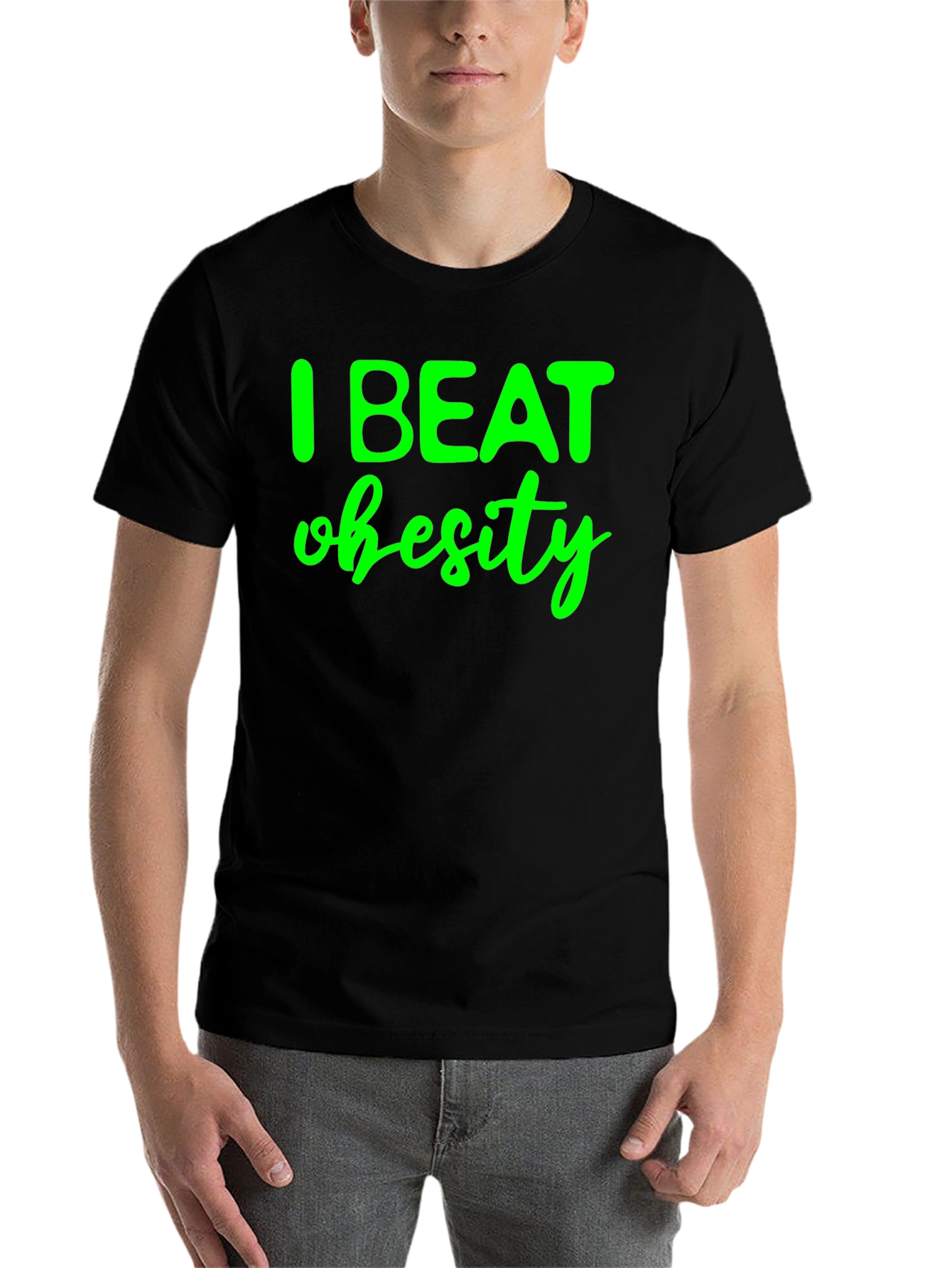 Black I Beat Obesity Black T-Shirt view 7