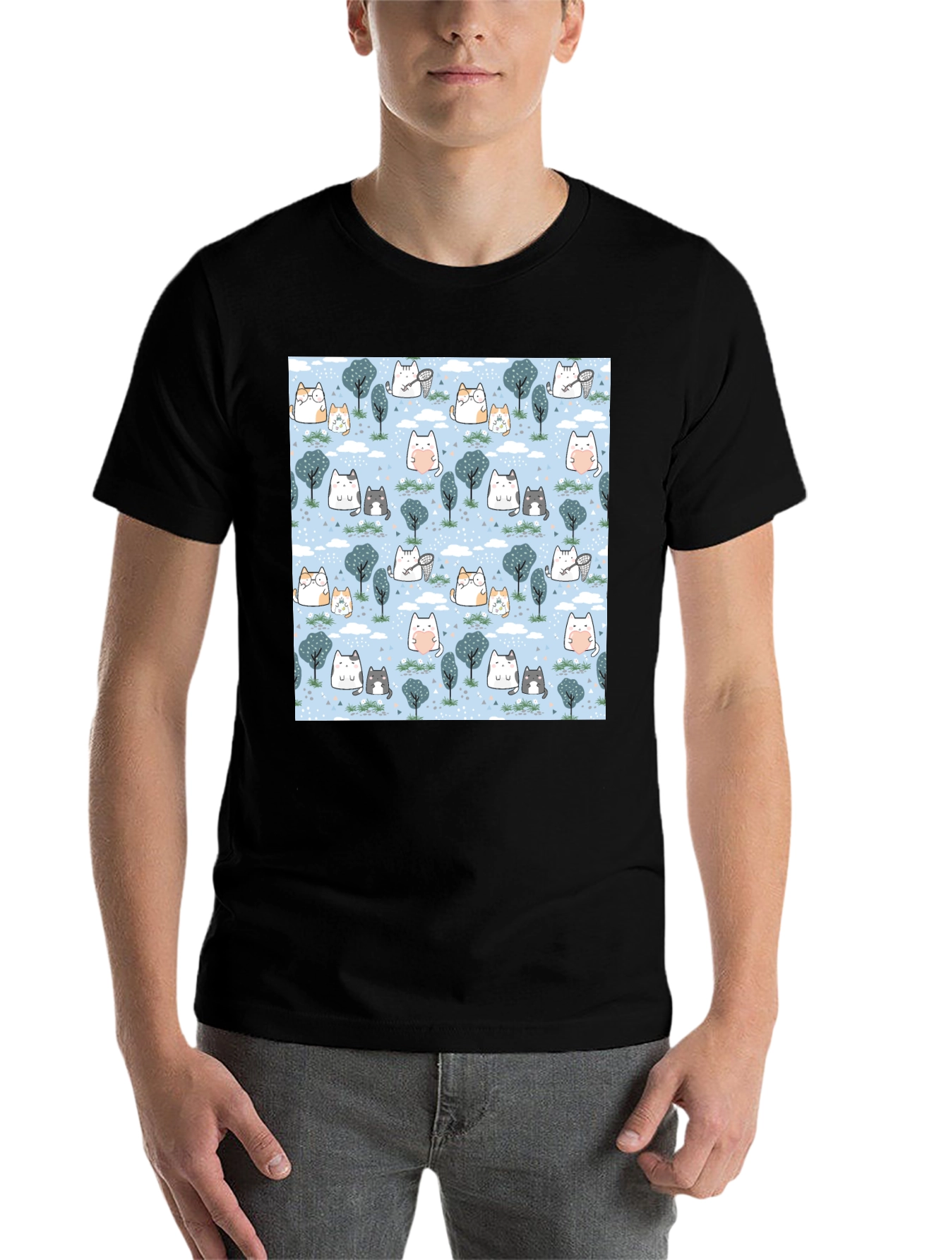 Black Cute Cat & Tree Print T-Shirt view 7