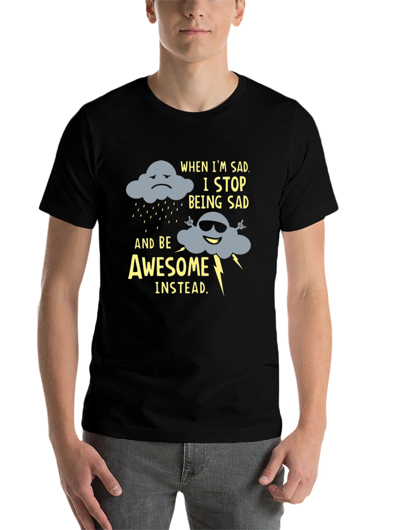 Black Funny Graphic Tee: Sad Cloud to Awesome Cloud view 7