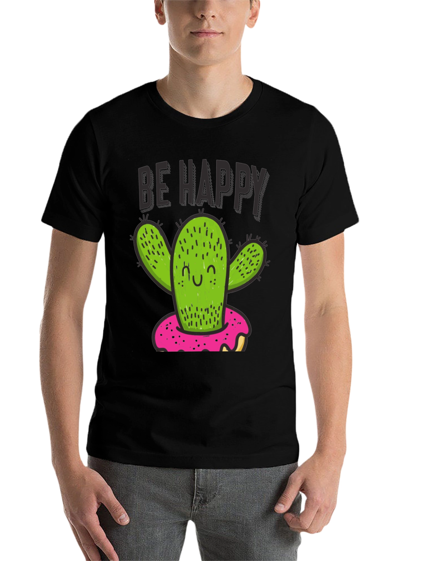 Black Be Happy Cactus Doughnut Graphic T-Shirt view 7