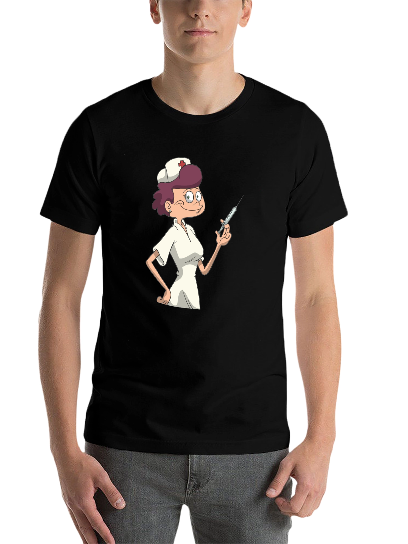 Black Nurse Cartoon Graphic T-Shirt - Black Casual Tee view 7