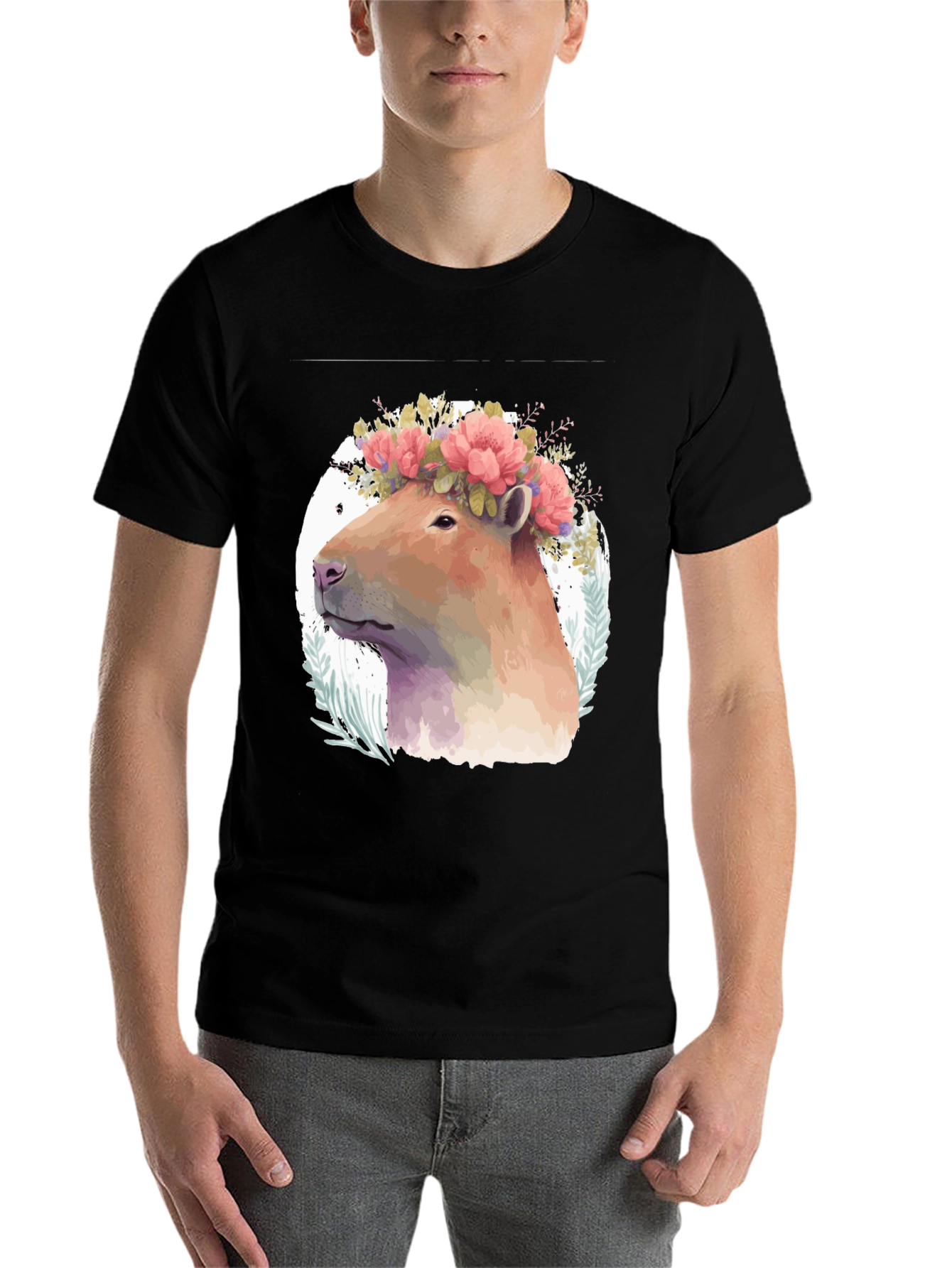 Black Capybara Floral Crown T-Shirt - Unique Graphic Tee view 7