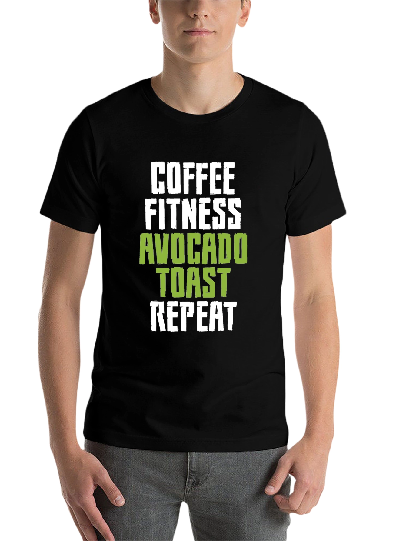 Black Coffee Fitness Avocado Toast Repeat Black Graphic Tee view 7