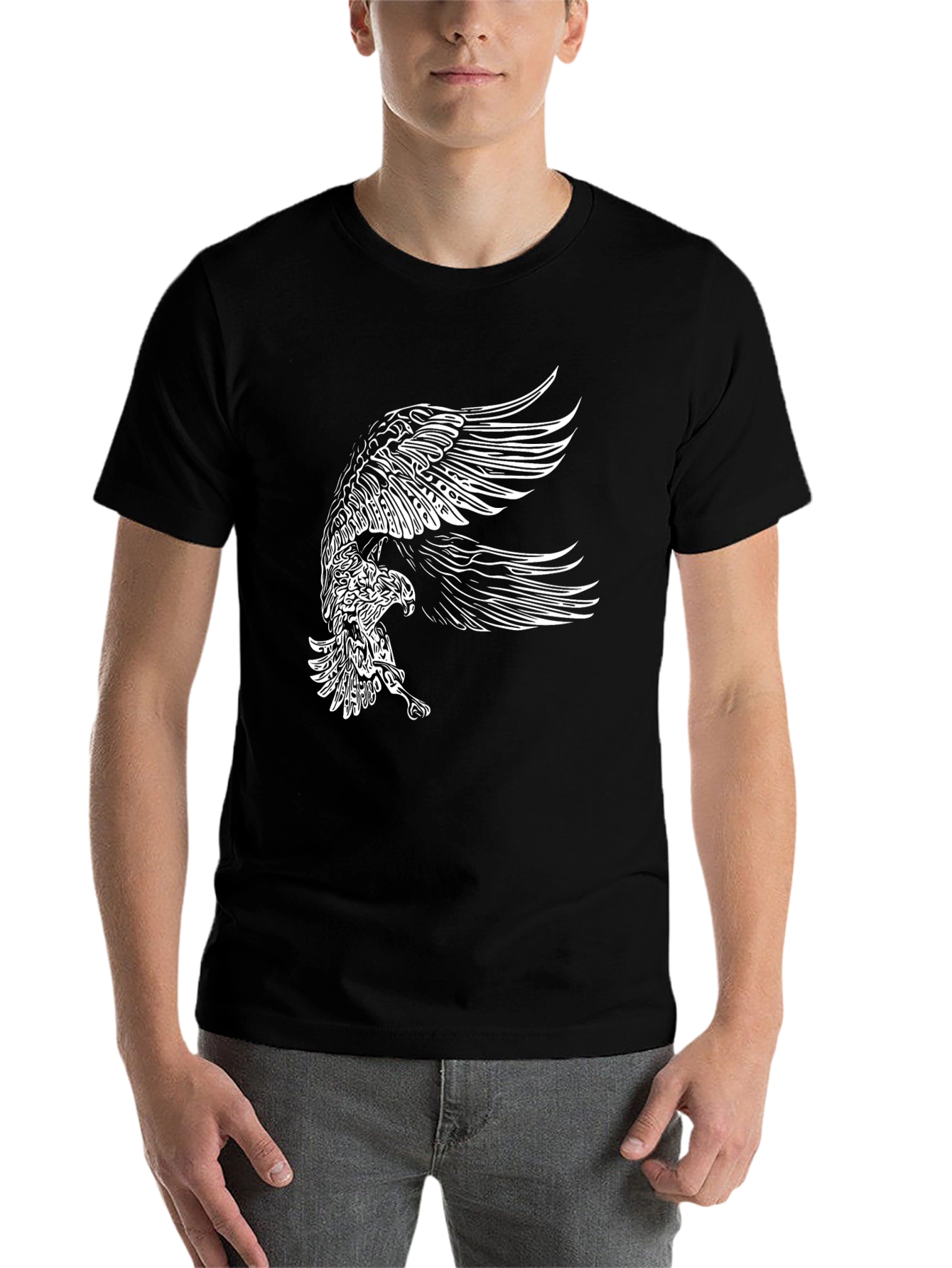 Black Men's Black T-Shirt with Eagle Graphic view 7