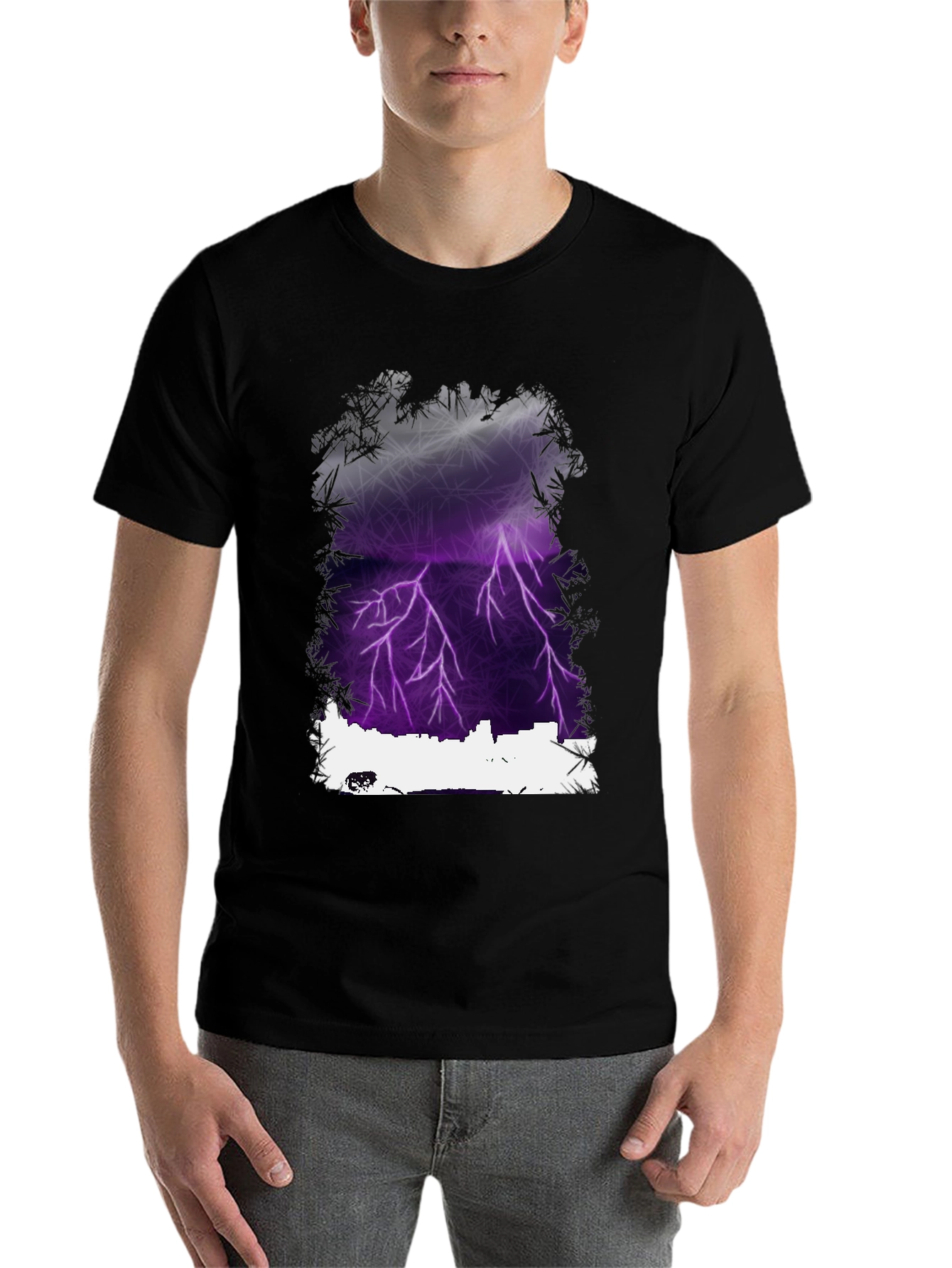 Black Lightning Cityscape Graphic Tee - Men's Black T-Shirt view 7