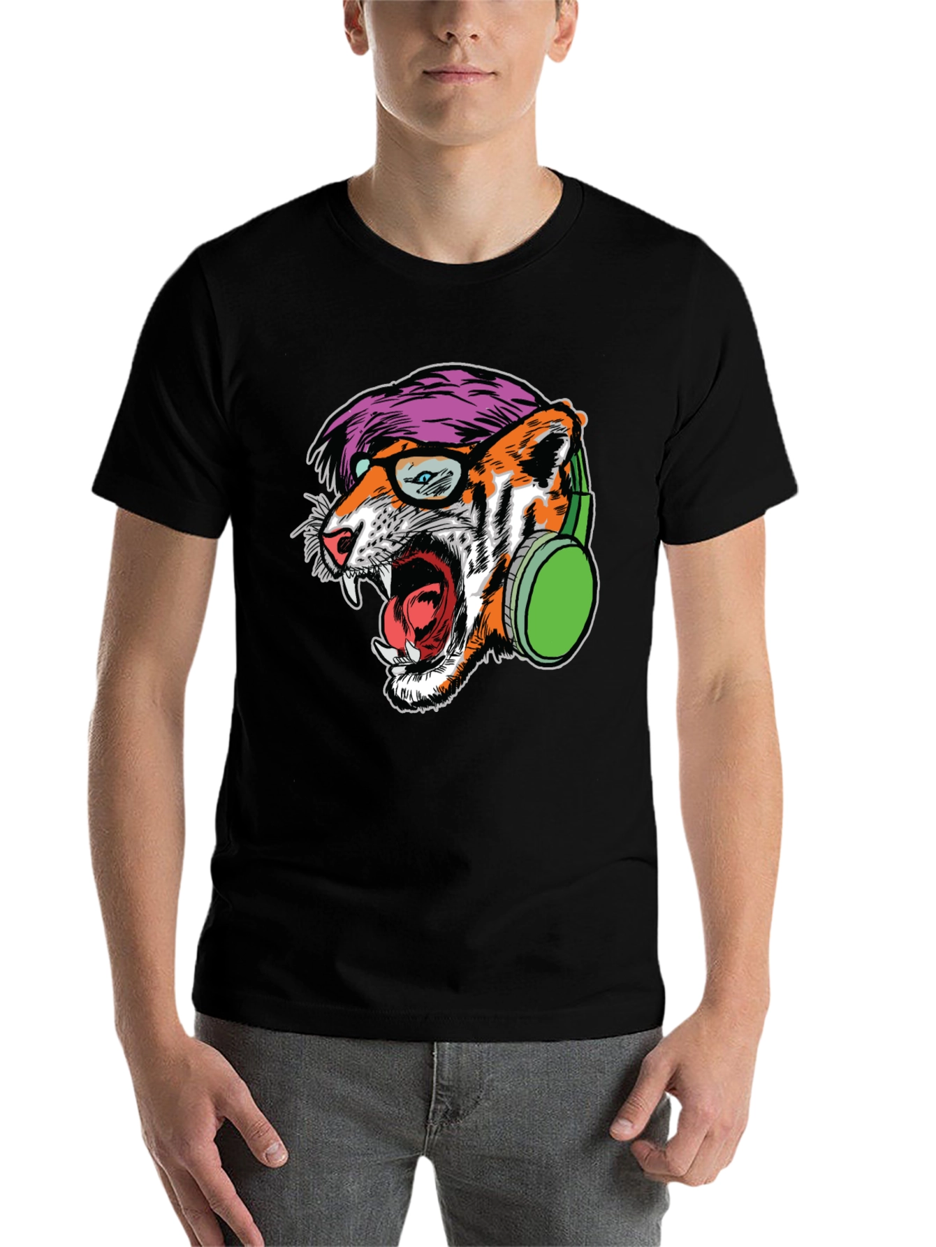 Black Cool Tiger Graphic Tee - Headphones & Glasses view 7