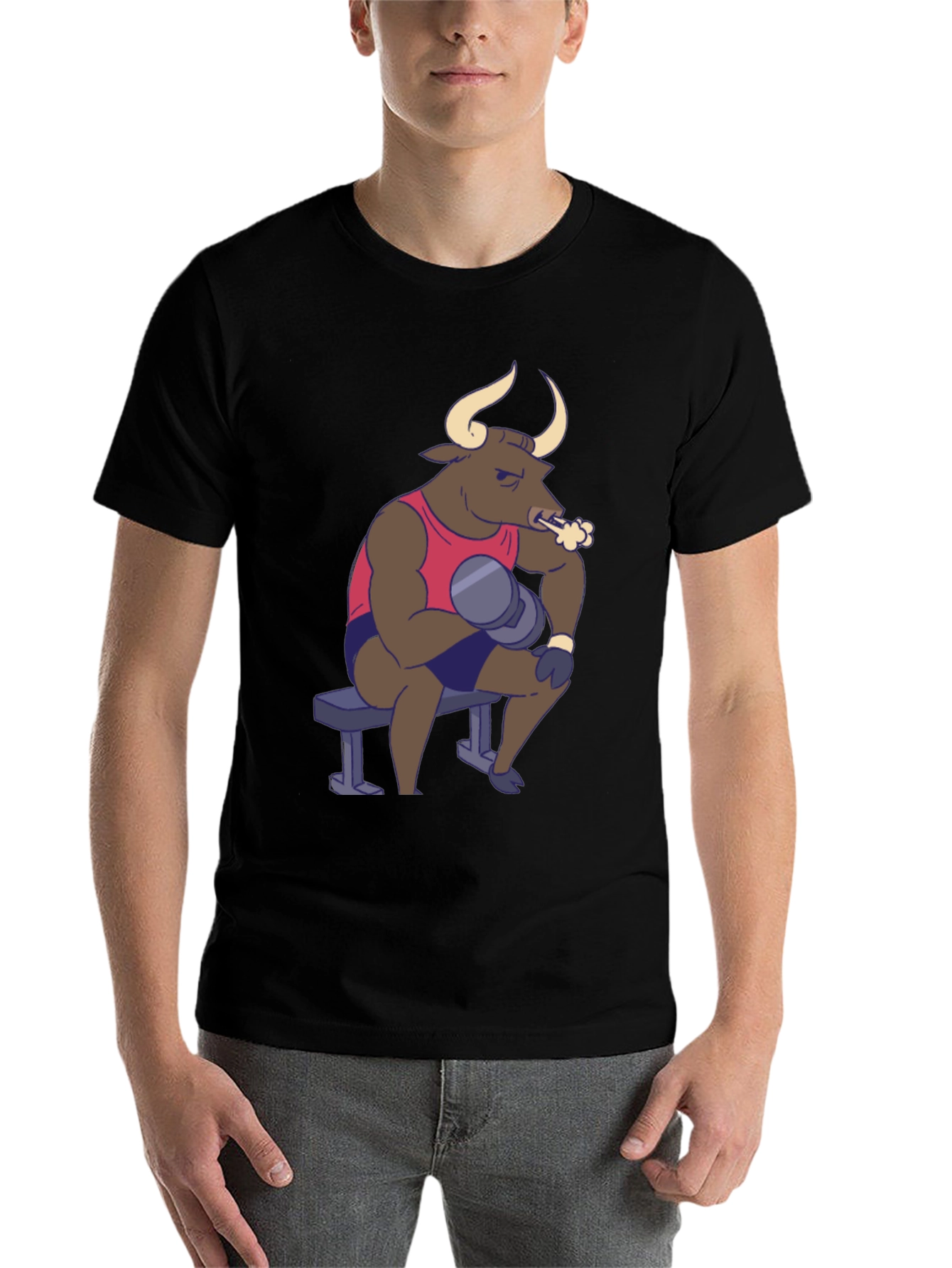 Black Funny Bull Lifting Weights T-Shirt view 7