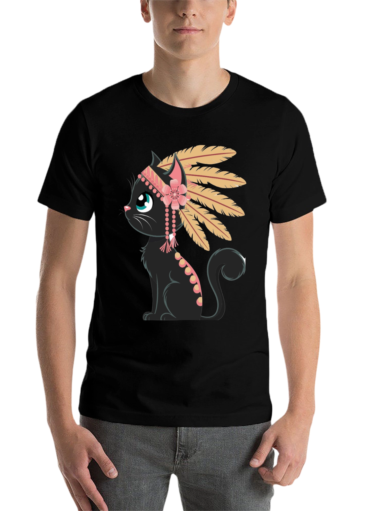 Black Indian Cat T-Shirt - Black Tee with Graphic view 7