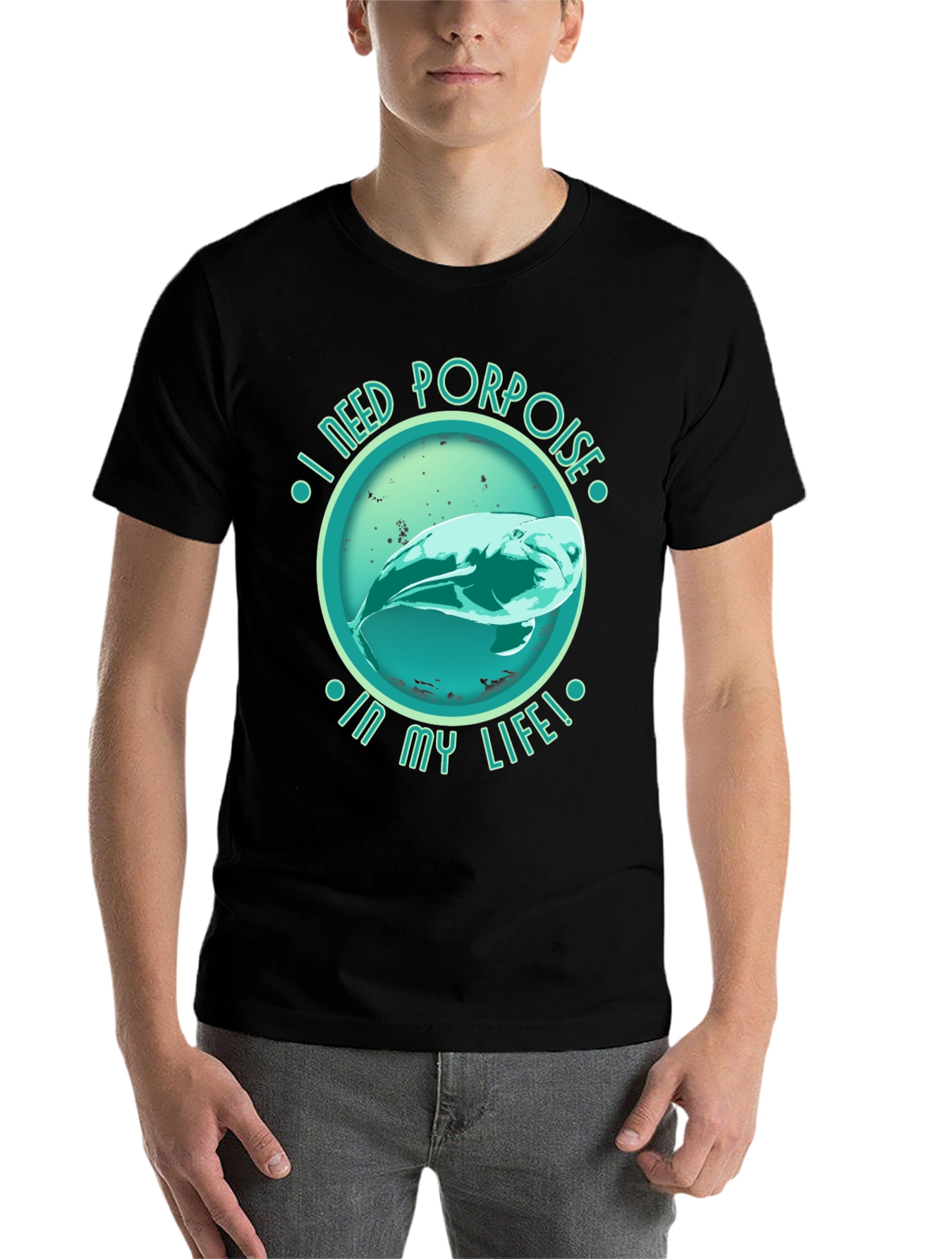 Black I Need Porpoise in My Life Black T-Shirt view 7