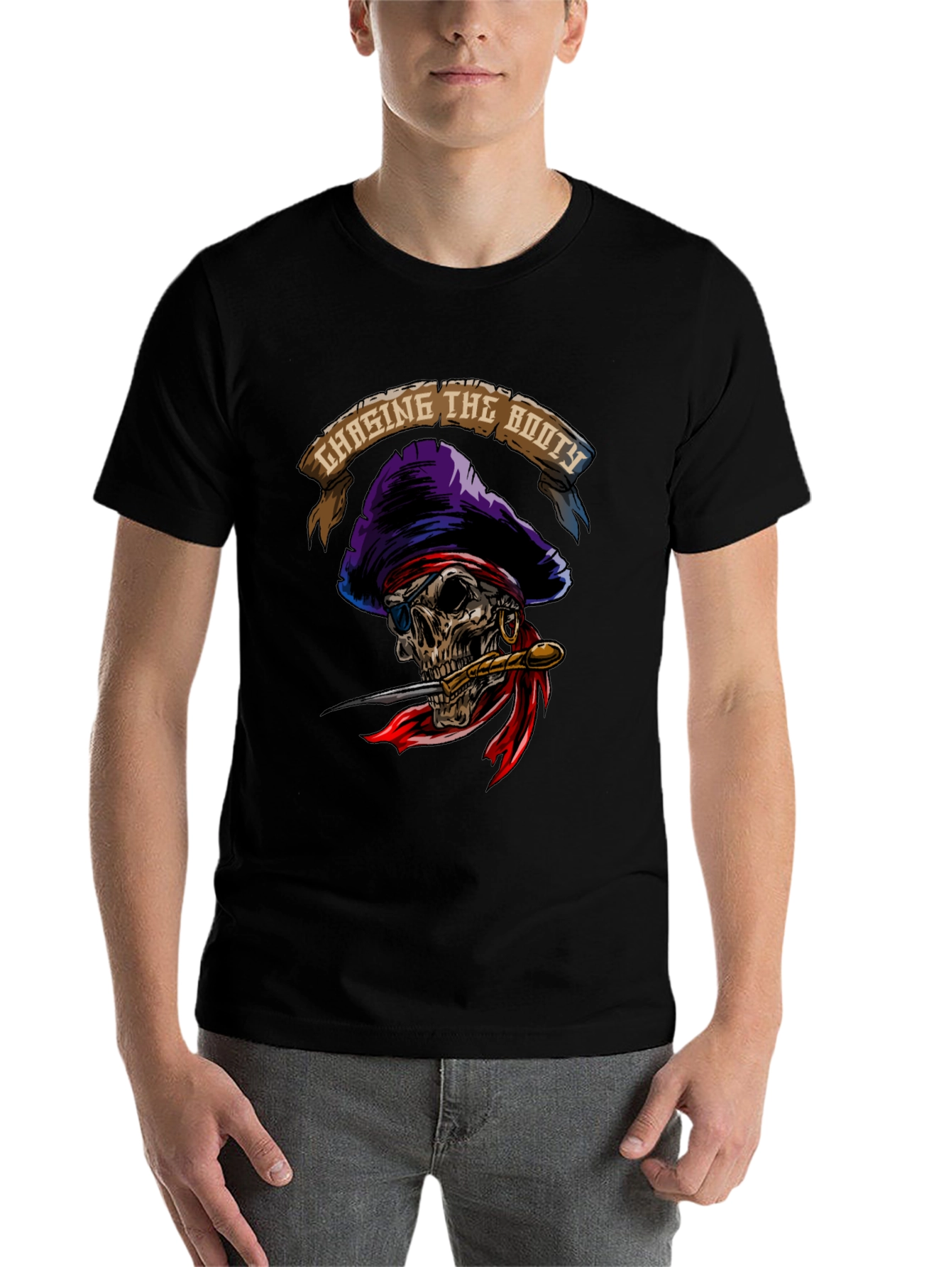 Black Chasing The Booty Pirate Skull Graphic T-Shirt view 7